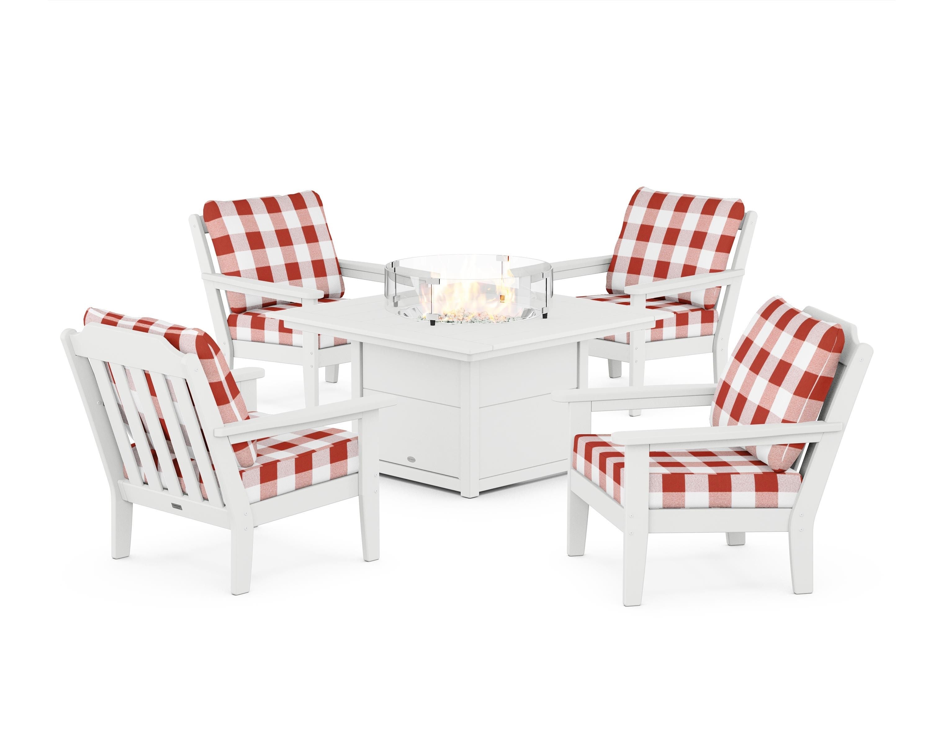 Country Living Cottage 5-Piece Deep Seating Set with Fire Pit Table in White / Buffalo Plaid Crimson
