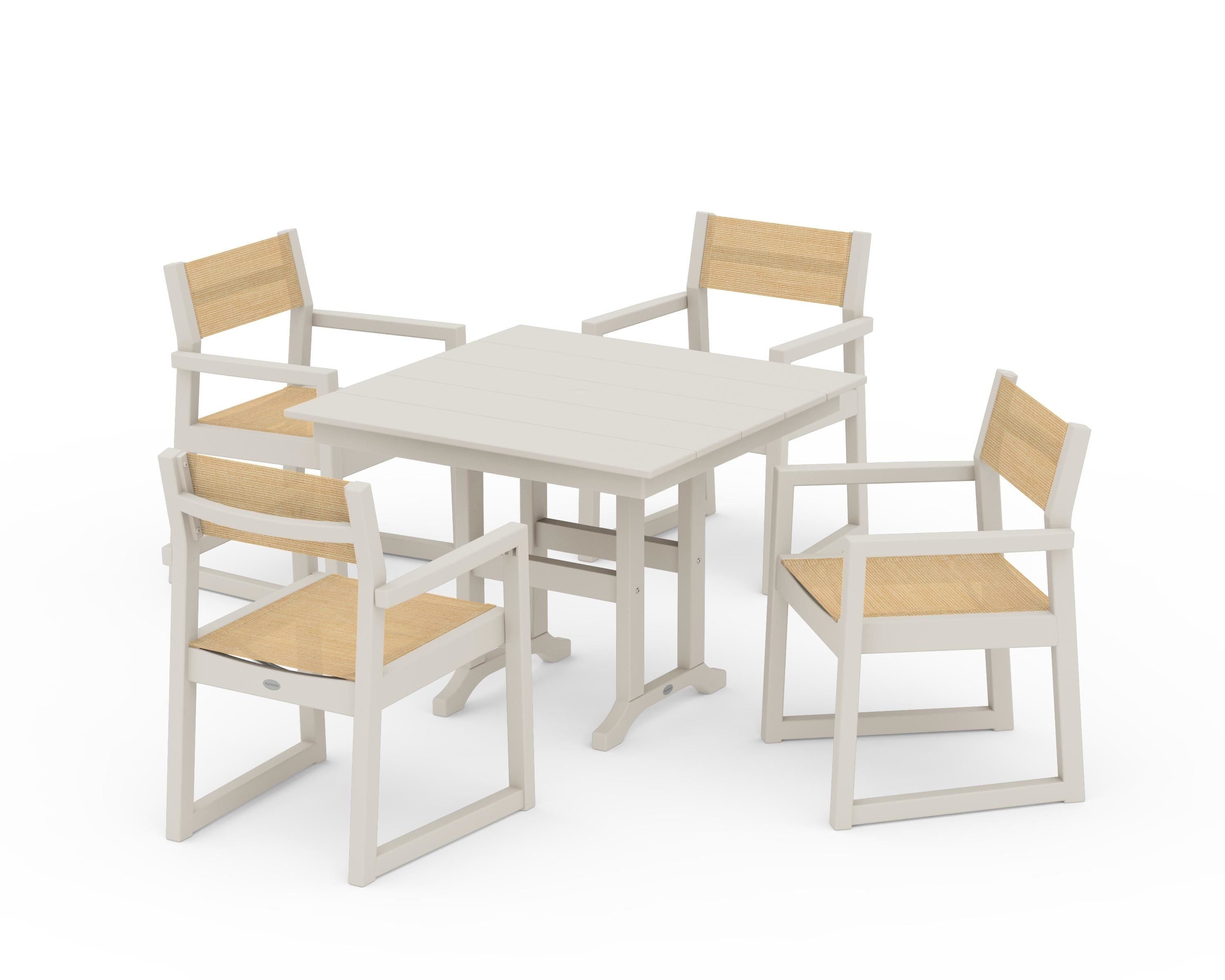 POLYWOOD® EDGE Sling Arm Chair 5-Piece Farmhouse Dining Set in Sand / Dupioni Apricot Sling