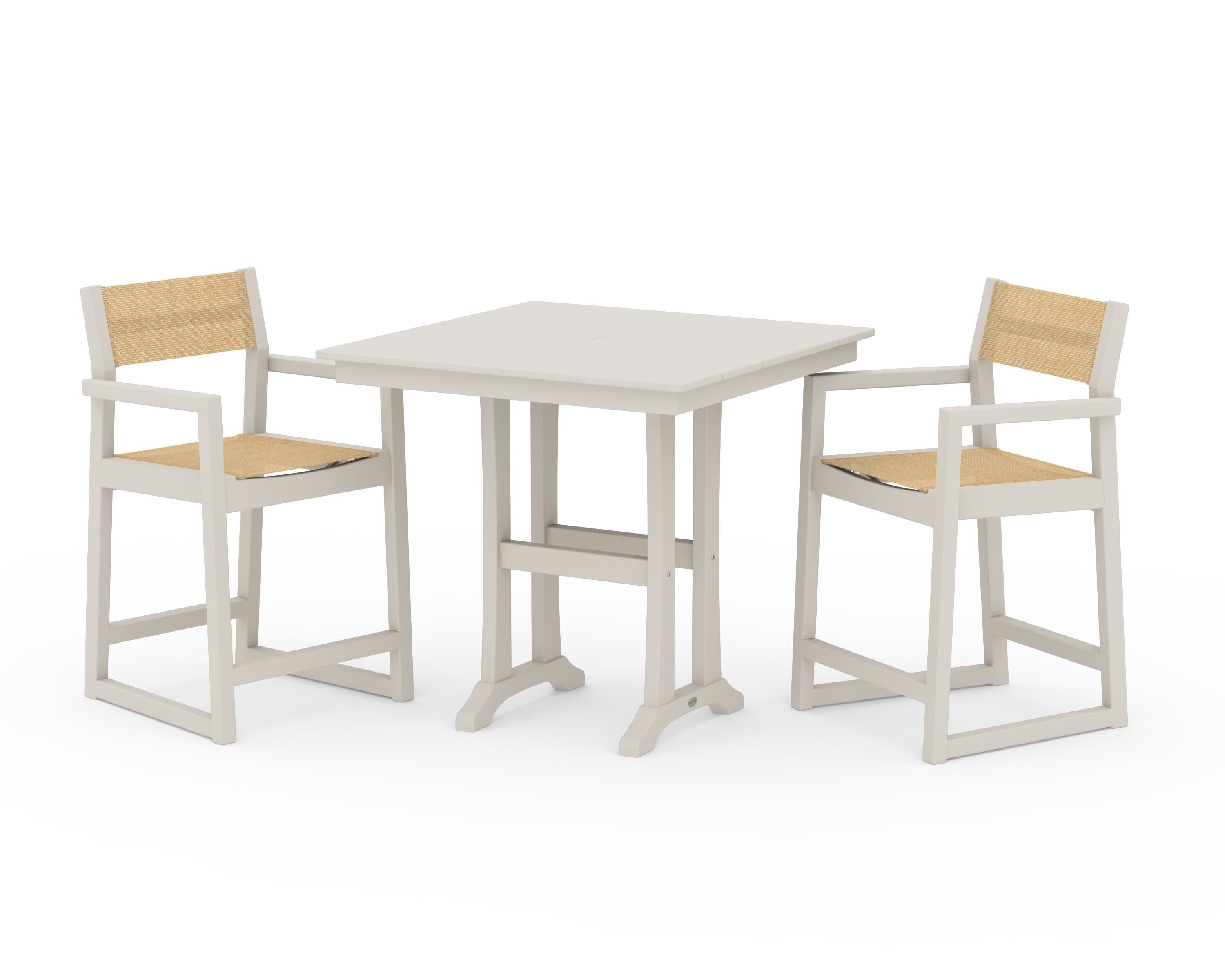 POLYWOOD® EDGE Sling Arm Chair 3-Piece Farmhouse Counter Set with Trestle Legs in Sand / Dupioni Apricot Sling