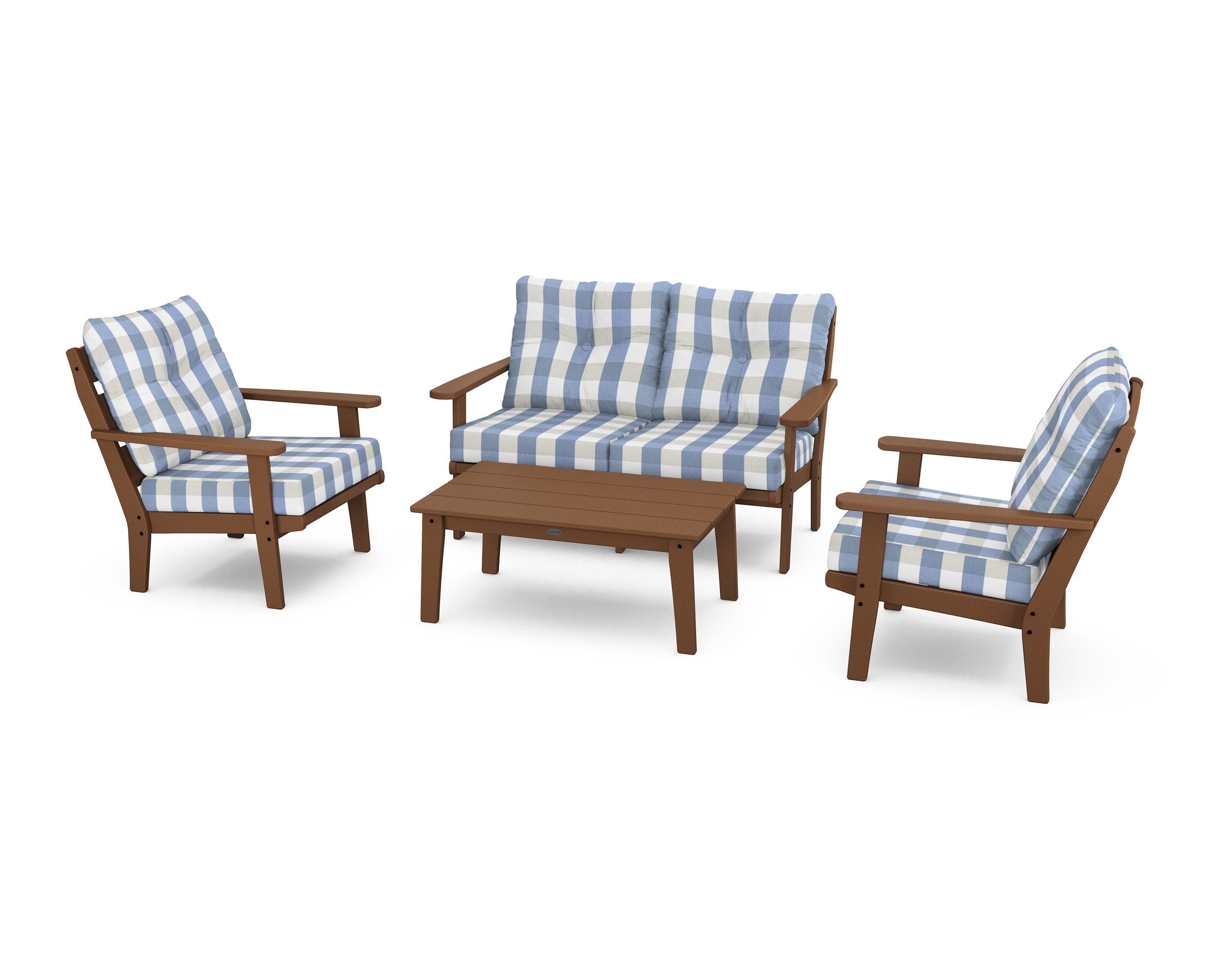 POLYWOOD® Lakeside 4-Piece Deep Seating Set in Teak / Buffalo Plaid Sky Blue