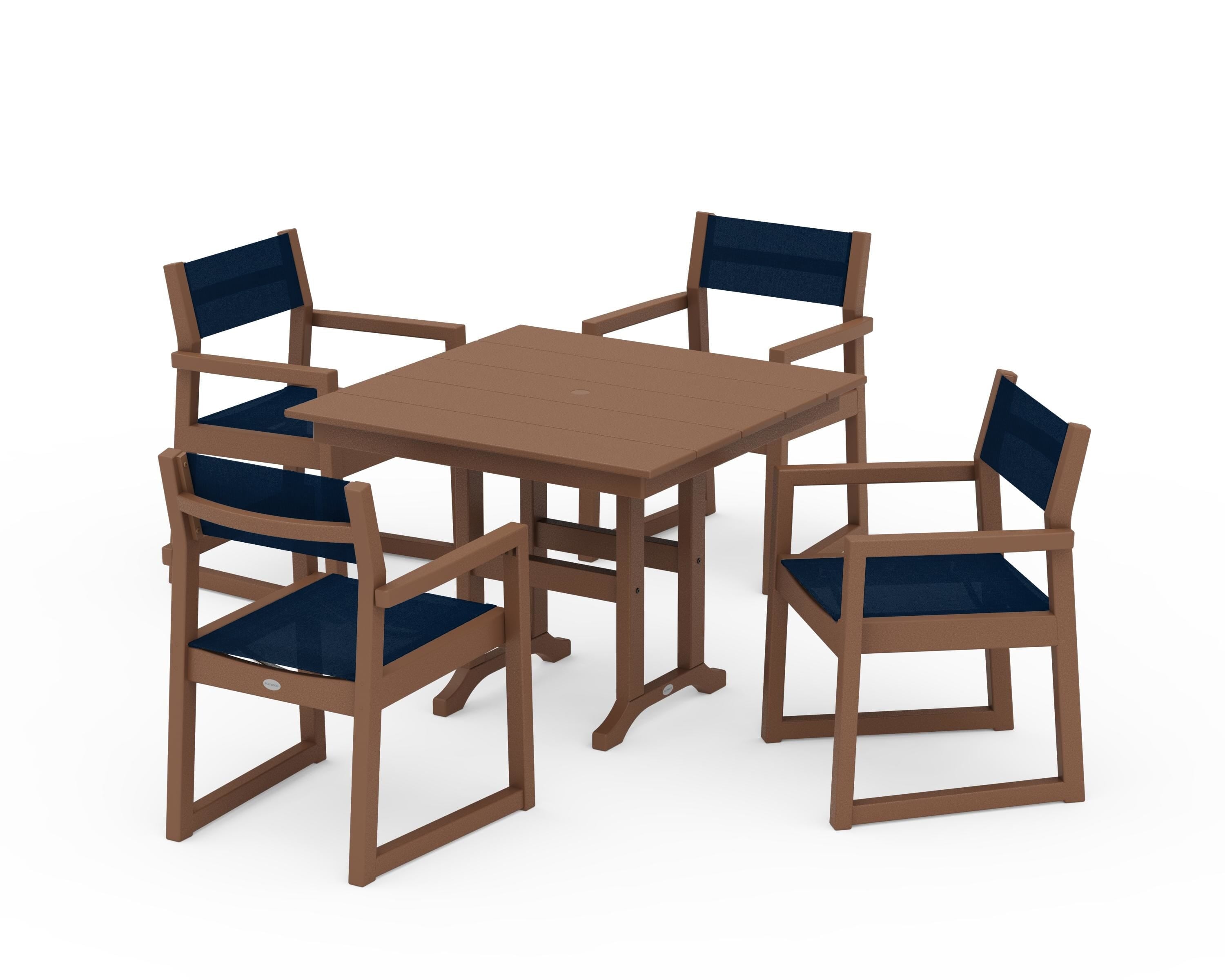 POLYWOOD® EDGE Sling Arm Chair 5-Piece Farmhouse Dining Set in Teak / Navy Blue Sling