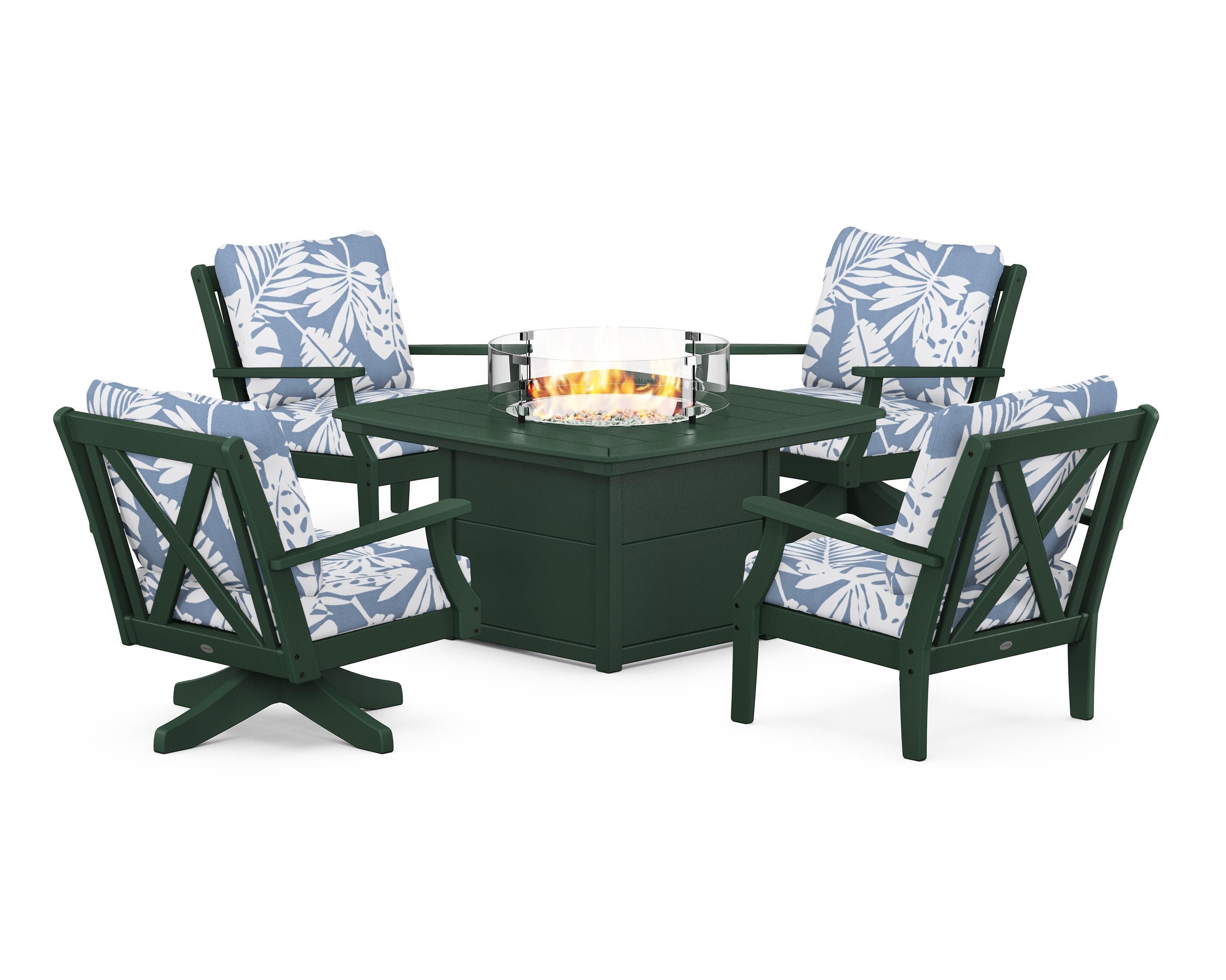 POLYWOOD® Braxton 5-Piece Deep Seating Set with Fire Table in Green / Leaf Sky Blue