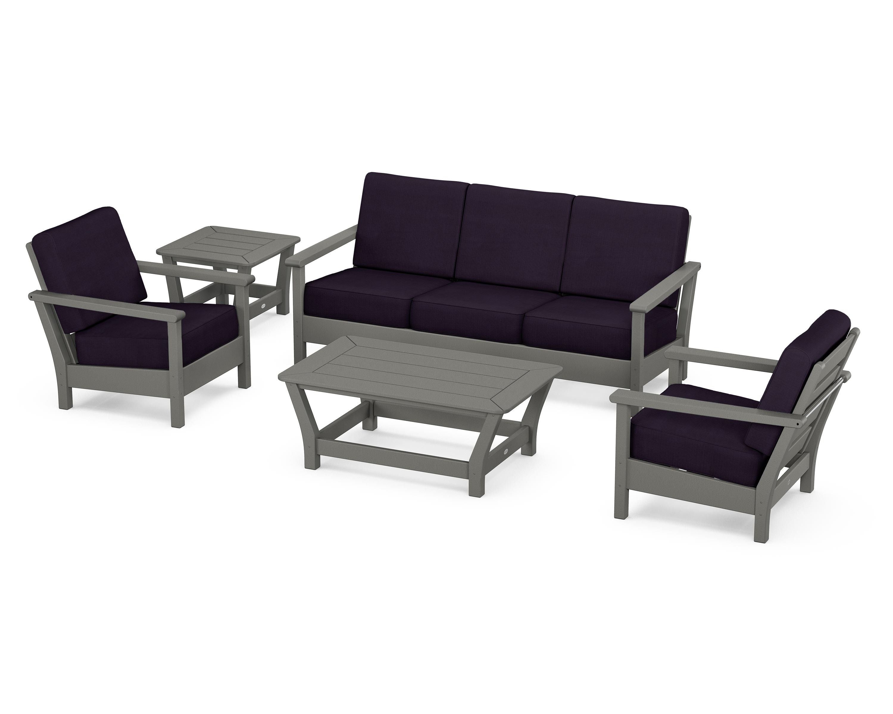 POLYWOOD® Harbour 5-Piece Deep Seating Set in Slate Grey / Navy Linen