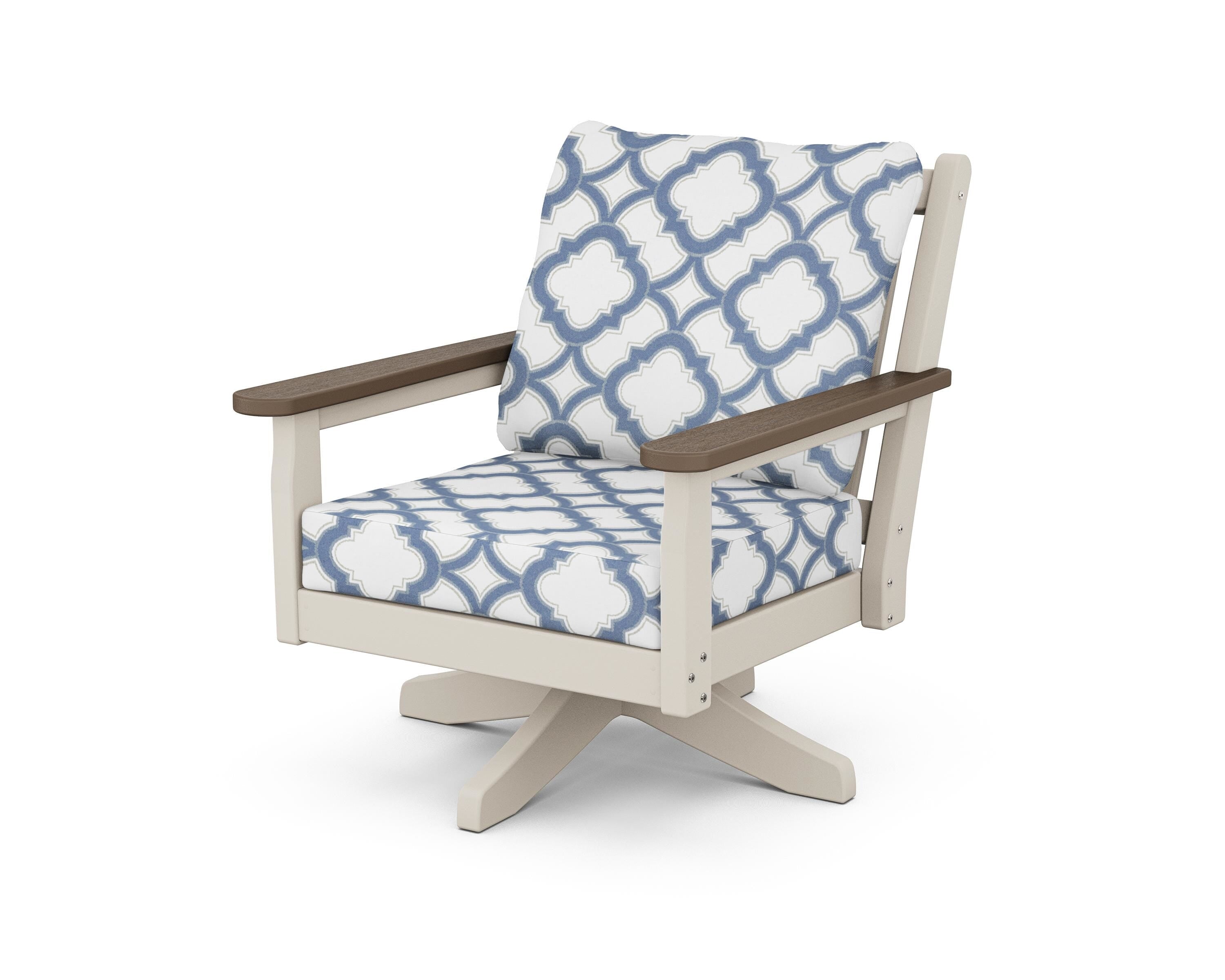POLYWOOD® Chippendale Deep Seating Swivel Chair in Sand / Kona / Trellis Sky Blue