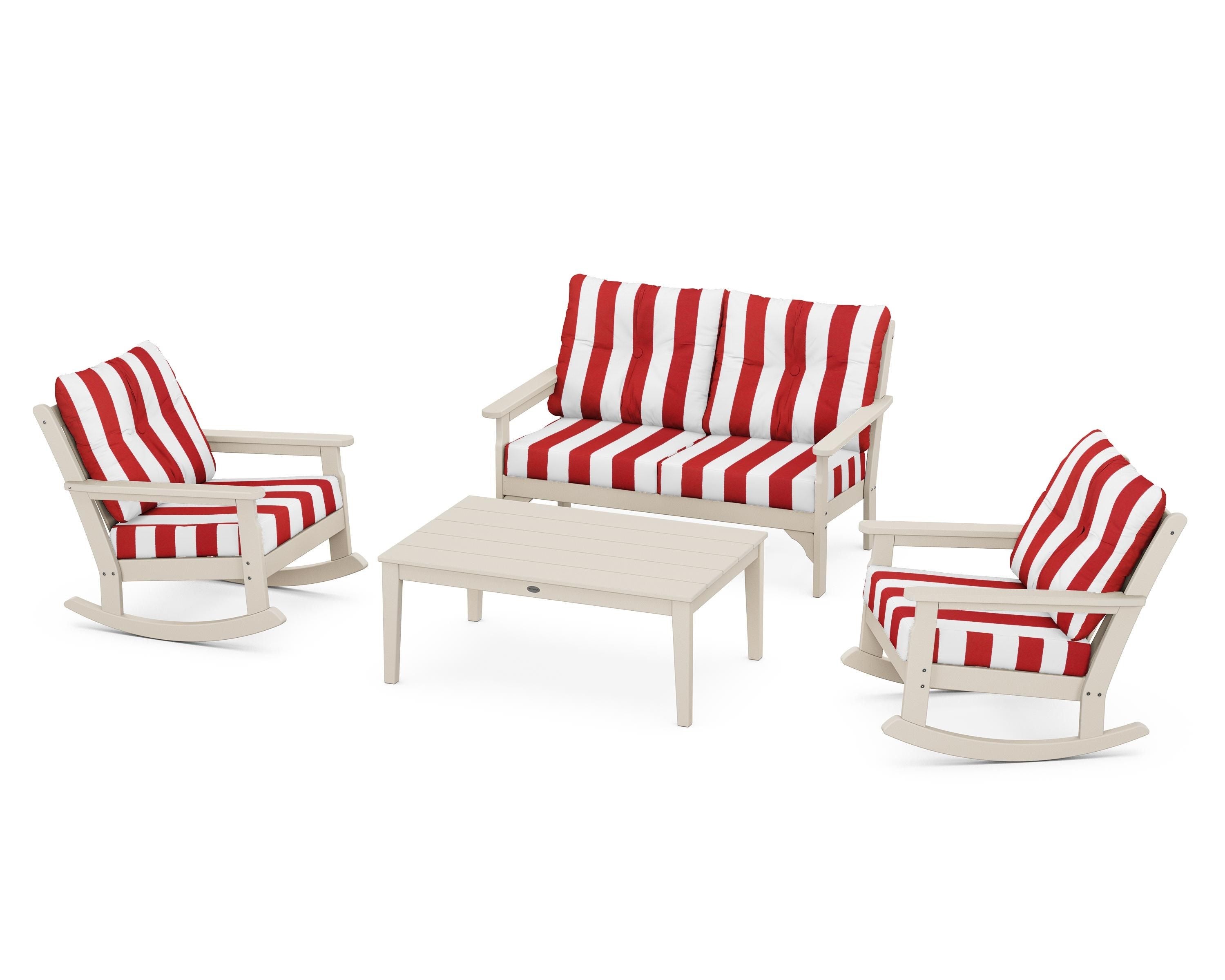 POLYWOOD® Vineyard 4-Piece Deep Seating Rocking Chair Set in Sand / Cabana Stripe Crimson