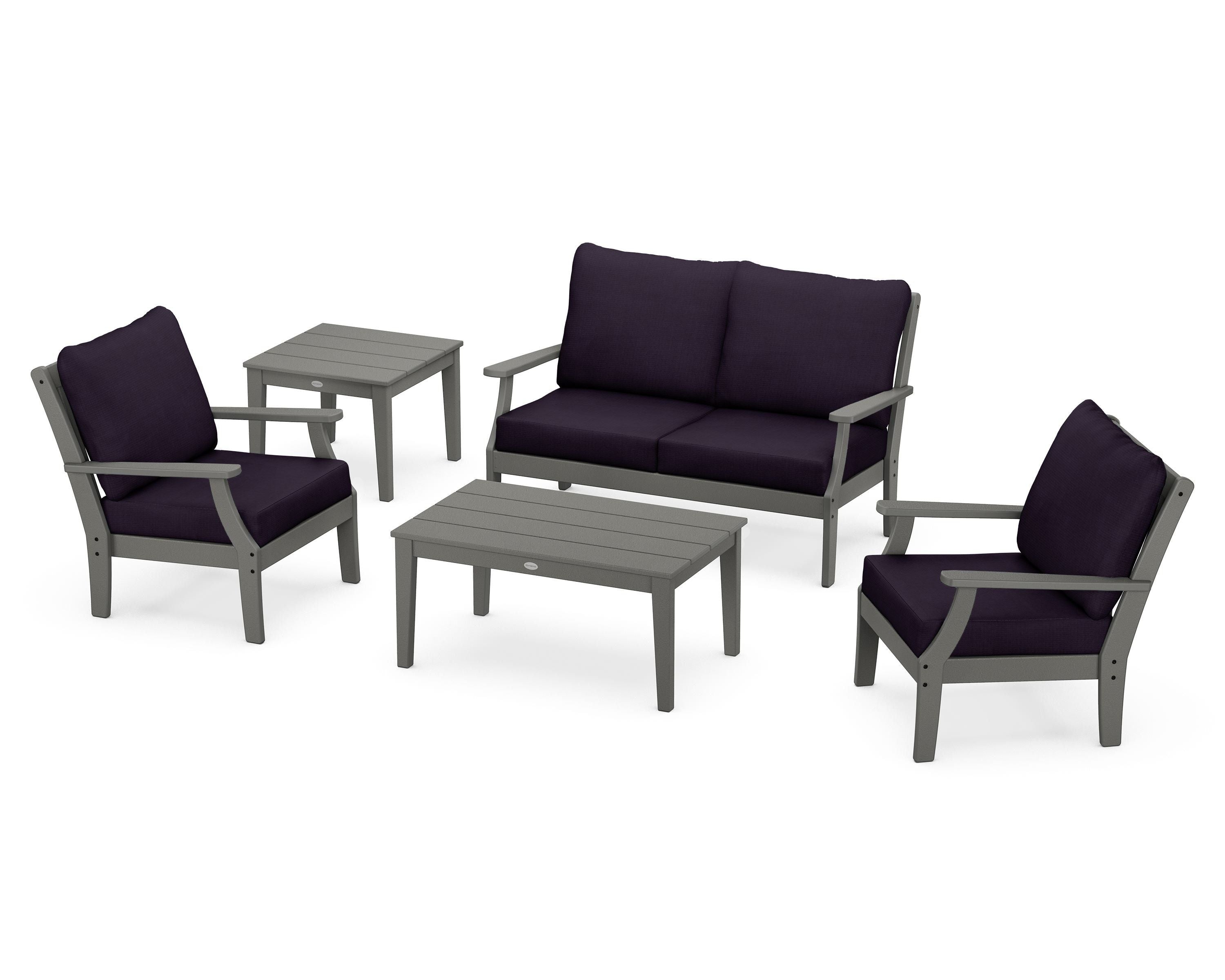 POLYWOOD® Braxton 5-Piece Deep Seating Set in Slate Grey / Navy Linen