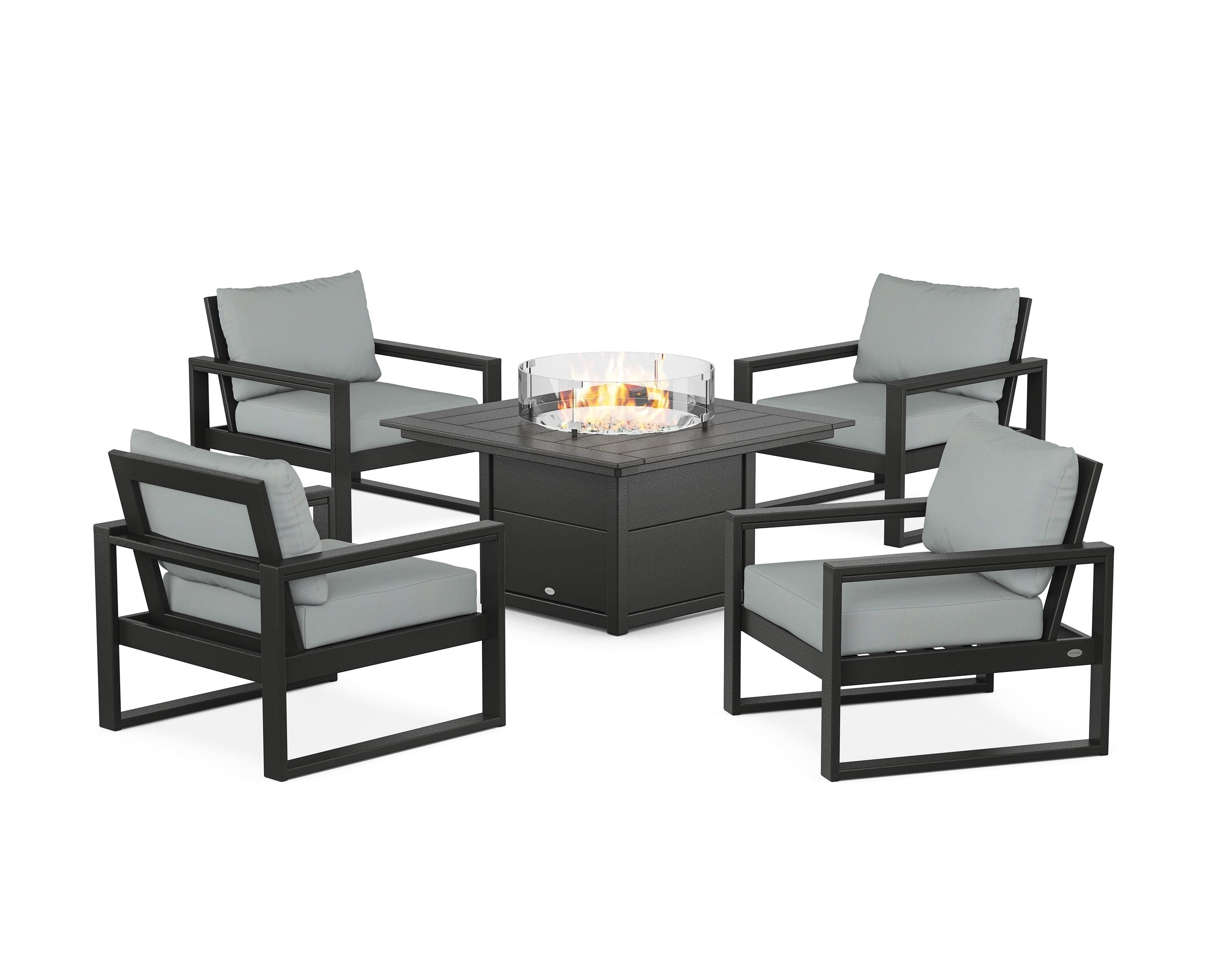 POLYWOOD® EDGE Sectional 5-Piece Deep Seating Set with Fire Pit Table in Black / Spa