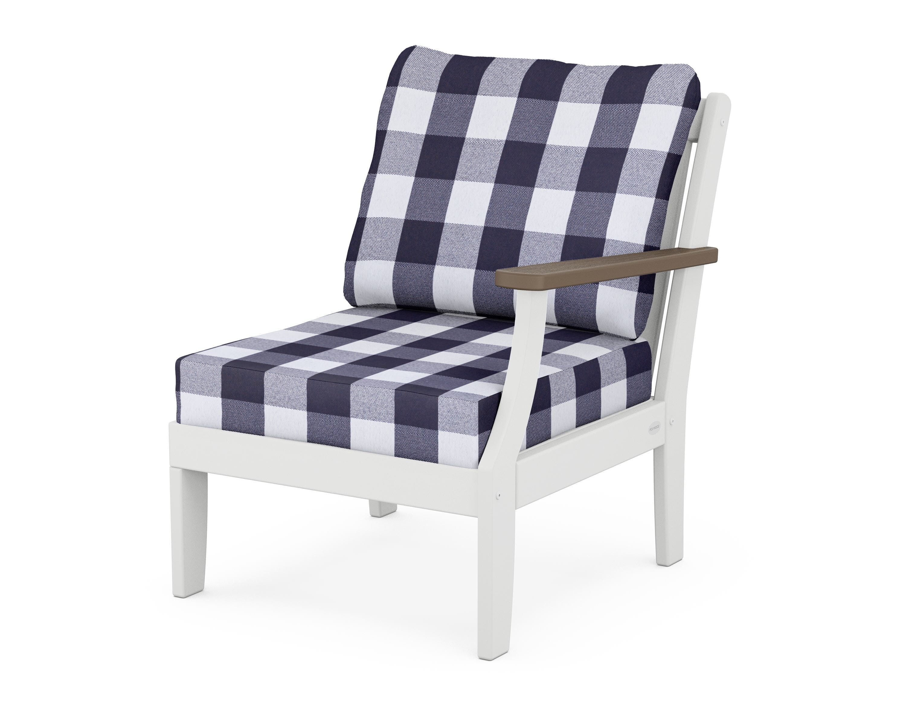 POLYWOOD® Braxton Modular Right Arm Chair in White / Kona / Buffalo Plaid Navy