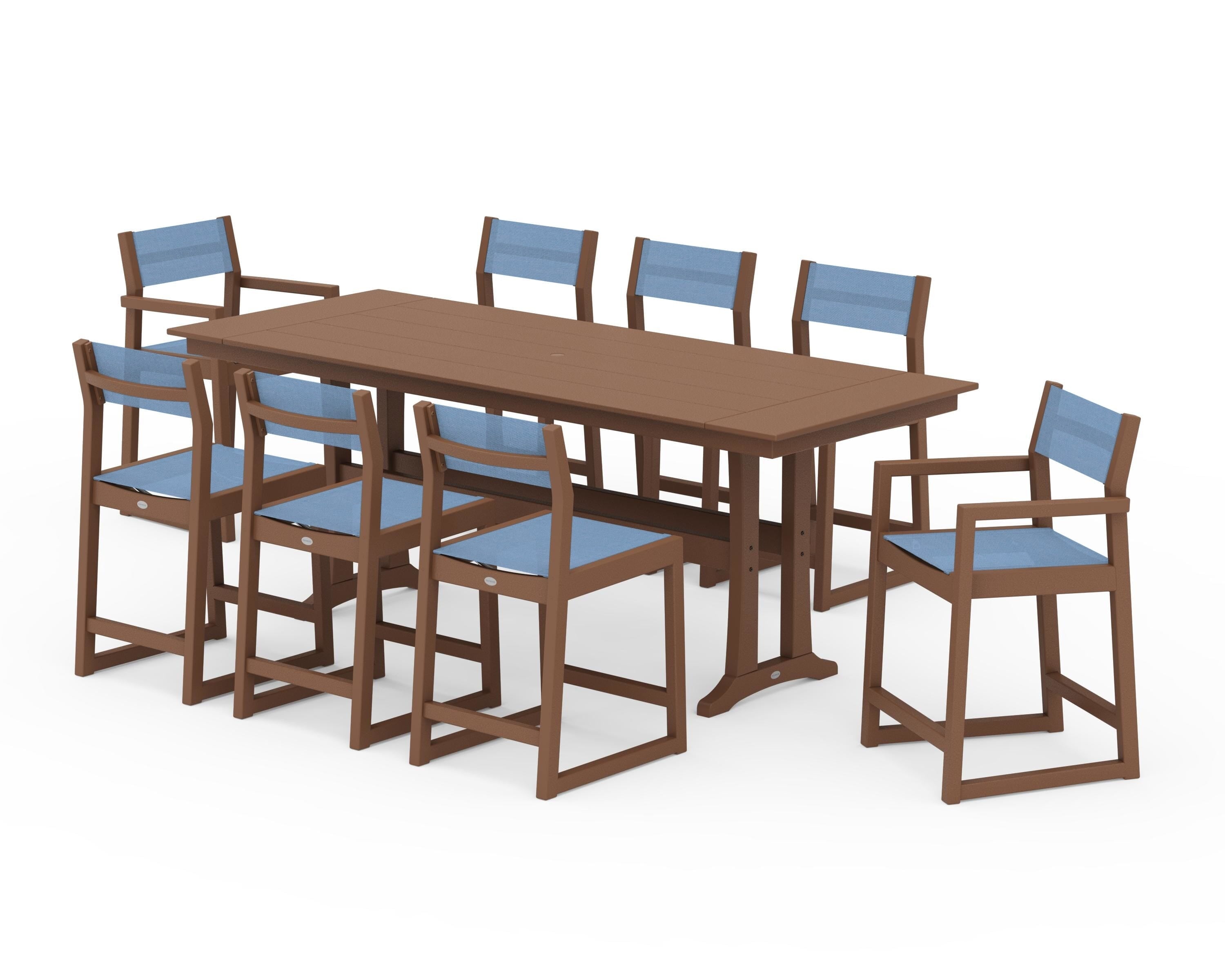 POLYWOOD® EDGE Sling 9-Piece Farmhouse Counter Set with Trestle Legs in Teak / Poolside Sling