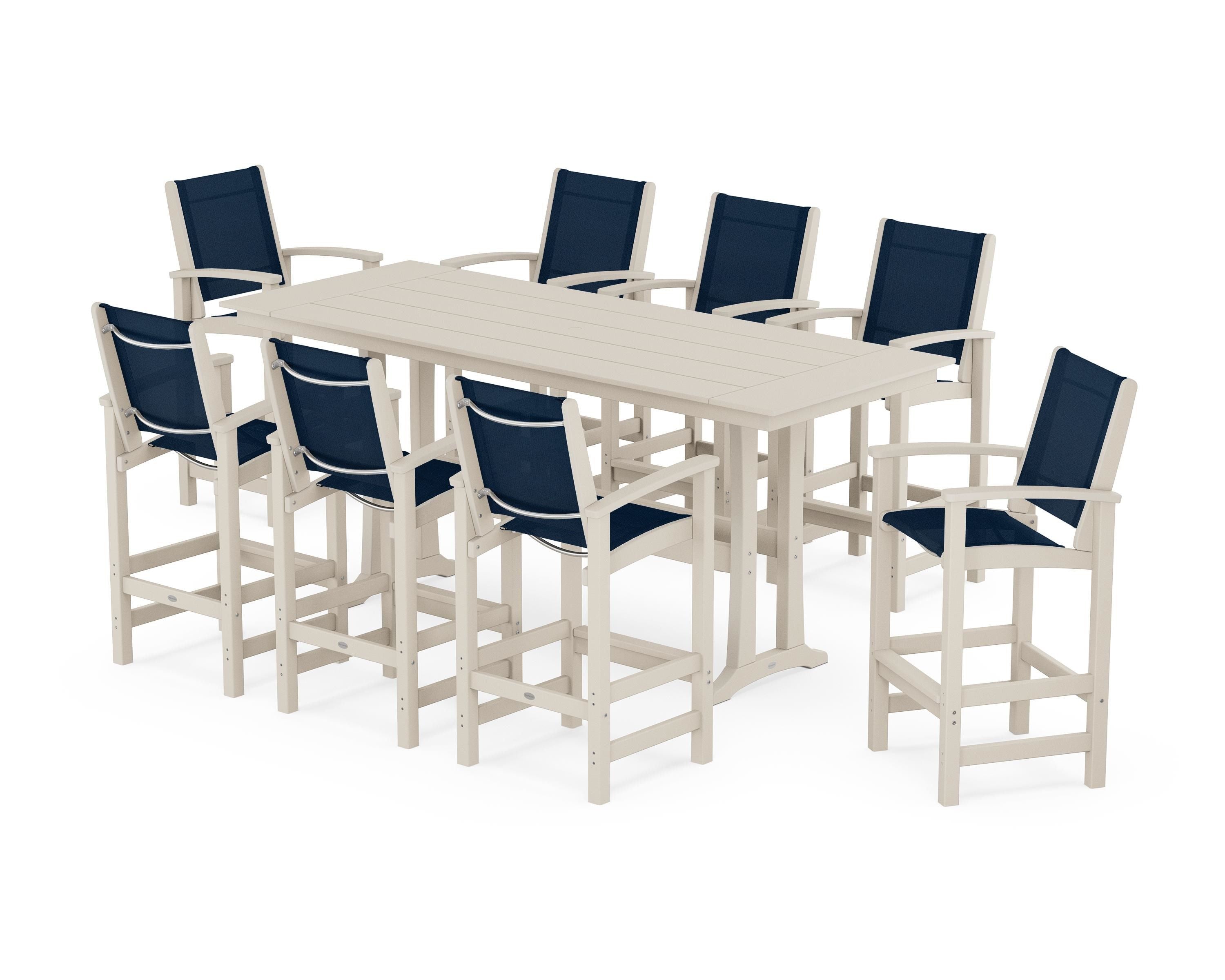 POLYWOOD® Coastal 9-Piece Farmhouse Bar Set with Trestle Legs in Sand / Navy Blue Sling