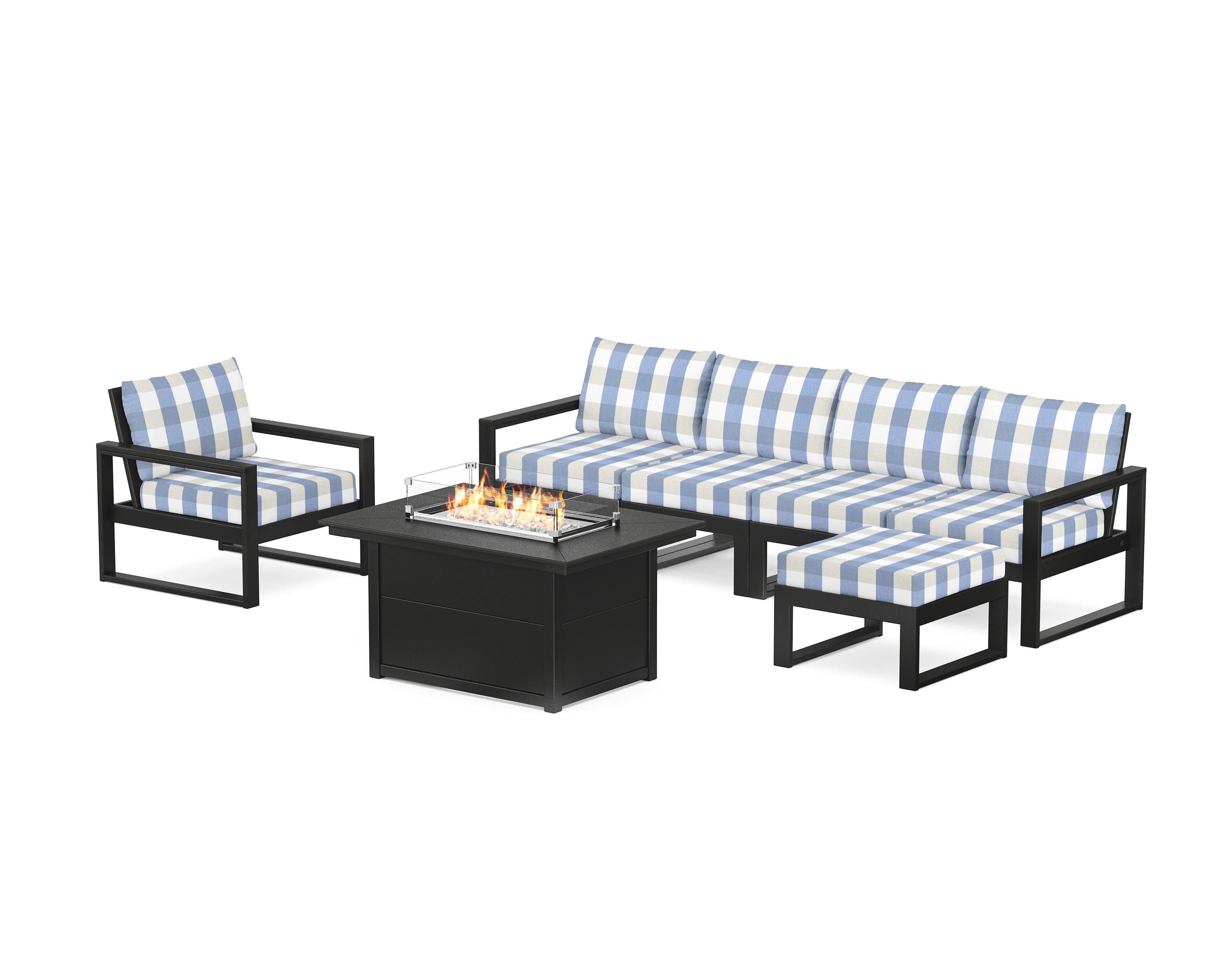 POLYWOOD® EDGE Sectional Lounge and Fire Pit Set in Black / Buffalo Plaid Sky Blue