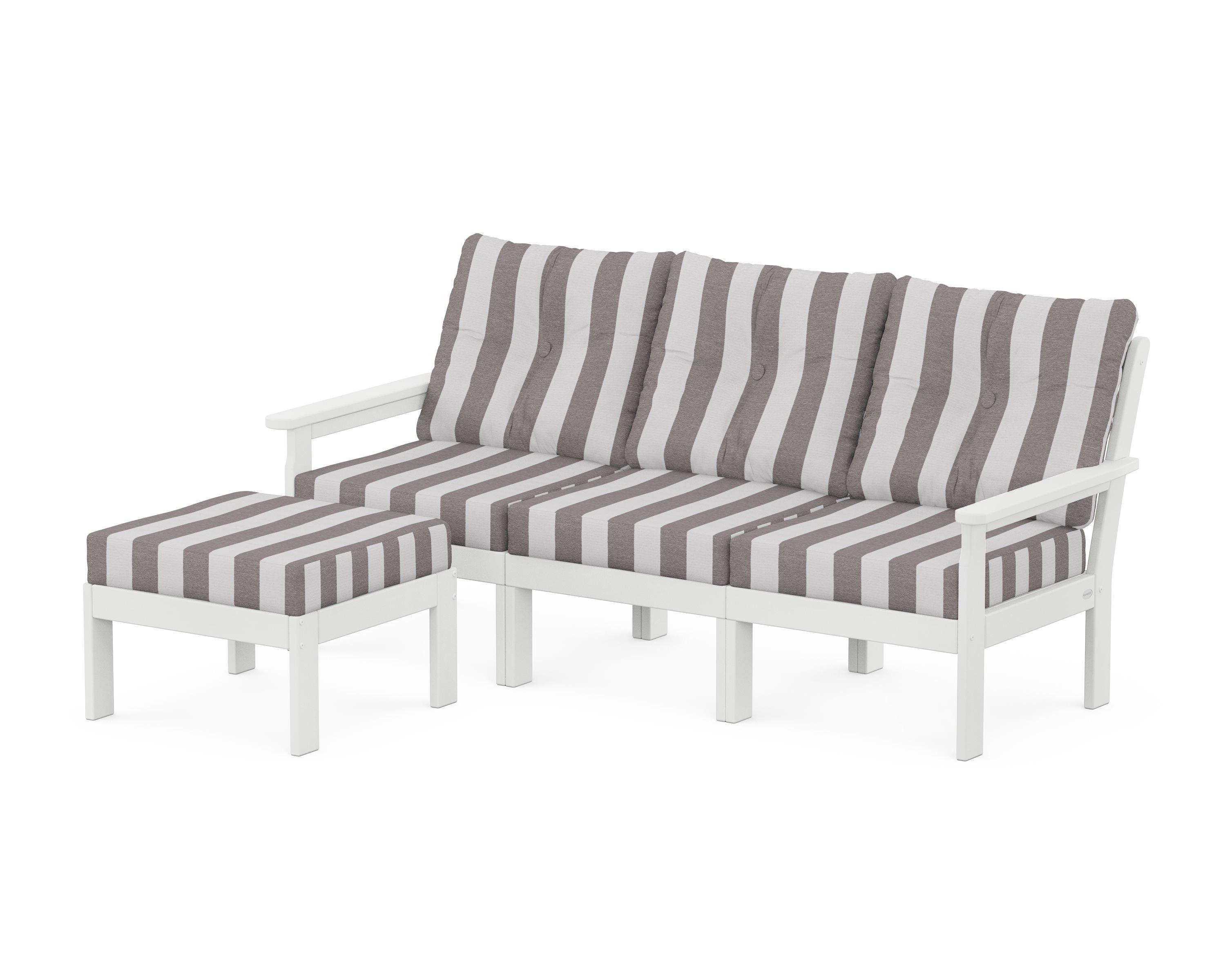 POLYWOOD® Vineyard 4-Piece Sectional with Ottoman in White / Cabana Stripe Grey Mist