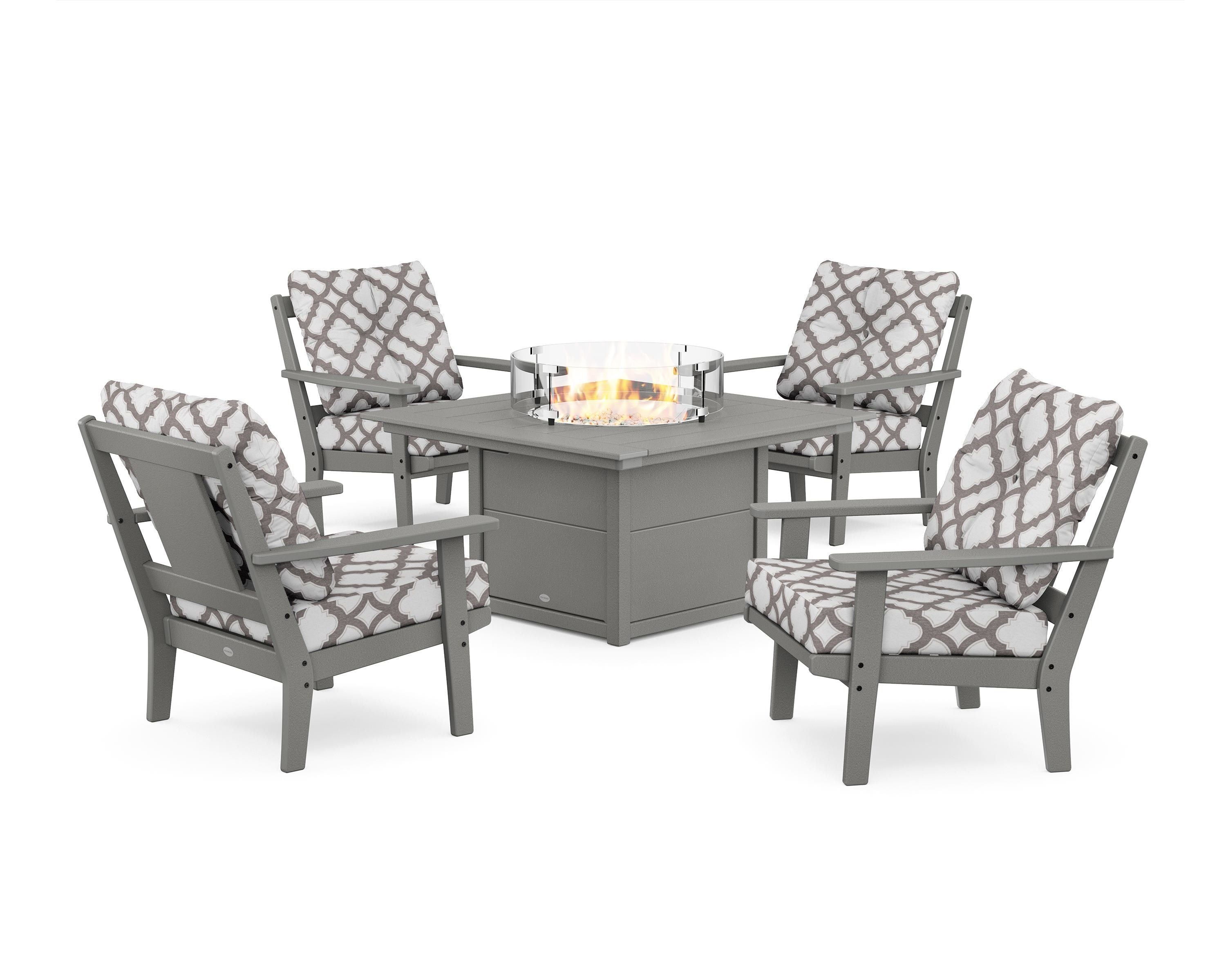POLYWOOD® Prairie 5-Piece Deep Seating Set with Fire Pit Table in Slate Grey / Trellis Grey Mist