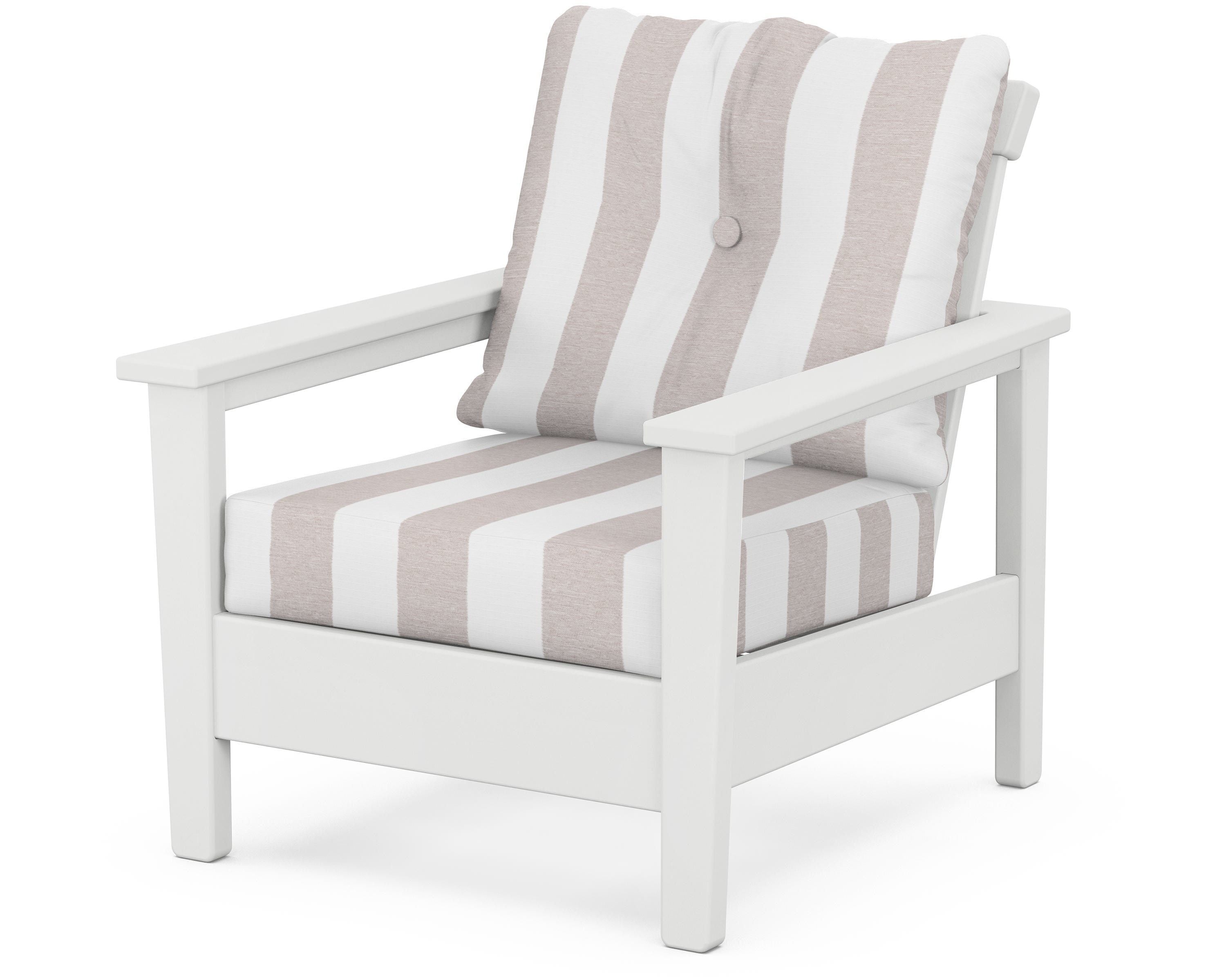POLYWOOD® Prescott Deep Seating Chair in White / Cabana Stripe Dune Burlap