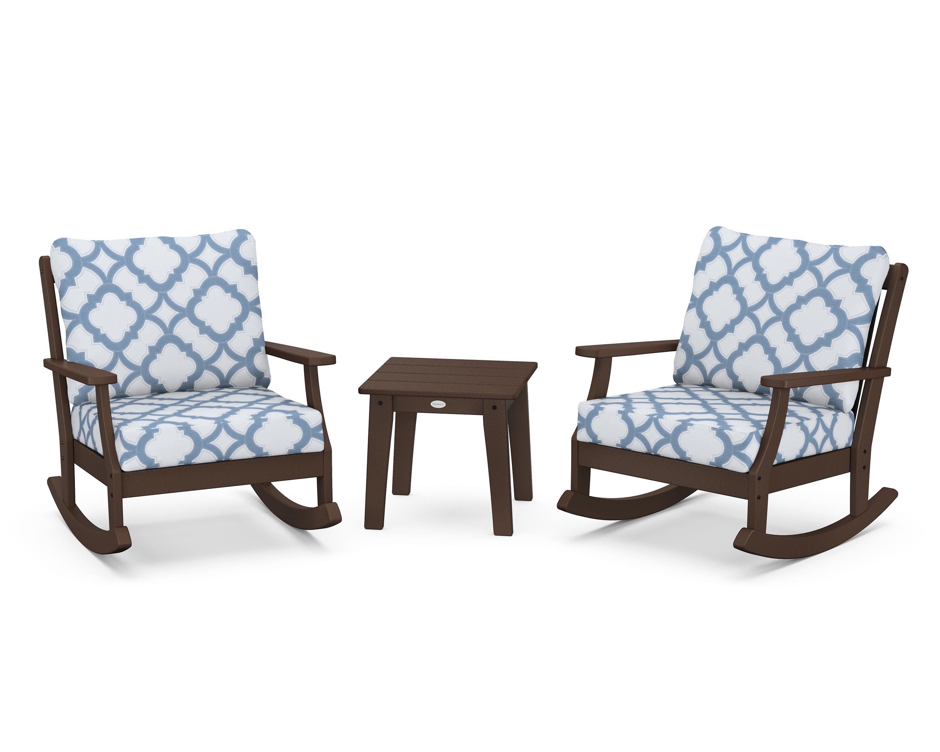 POLYWOOD® Braxton 3-Piece Deep Seating Rocker Set in Mahogany / Trellis Sky Blue