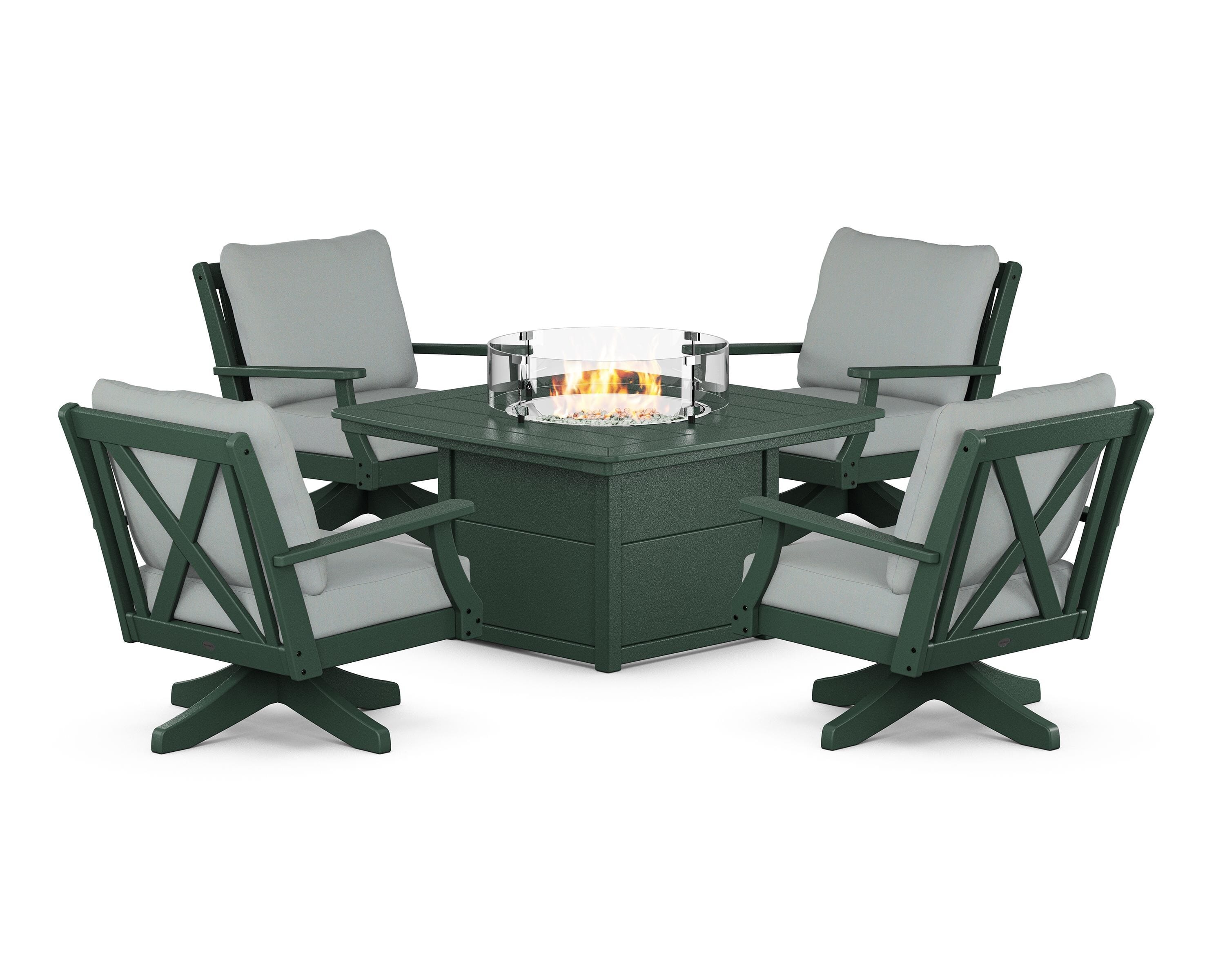 POLYWOOD® Braxton 5-Piece Deep Seating Swivel Conversation Set with Fire Pit Table in Green / Spa