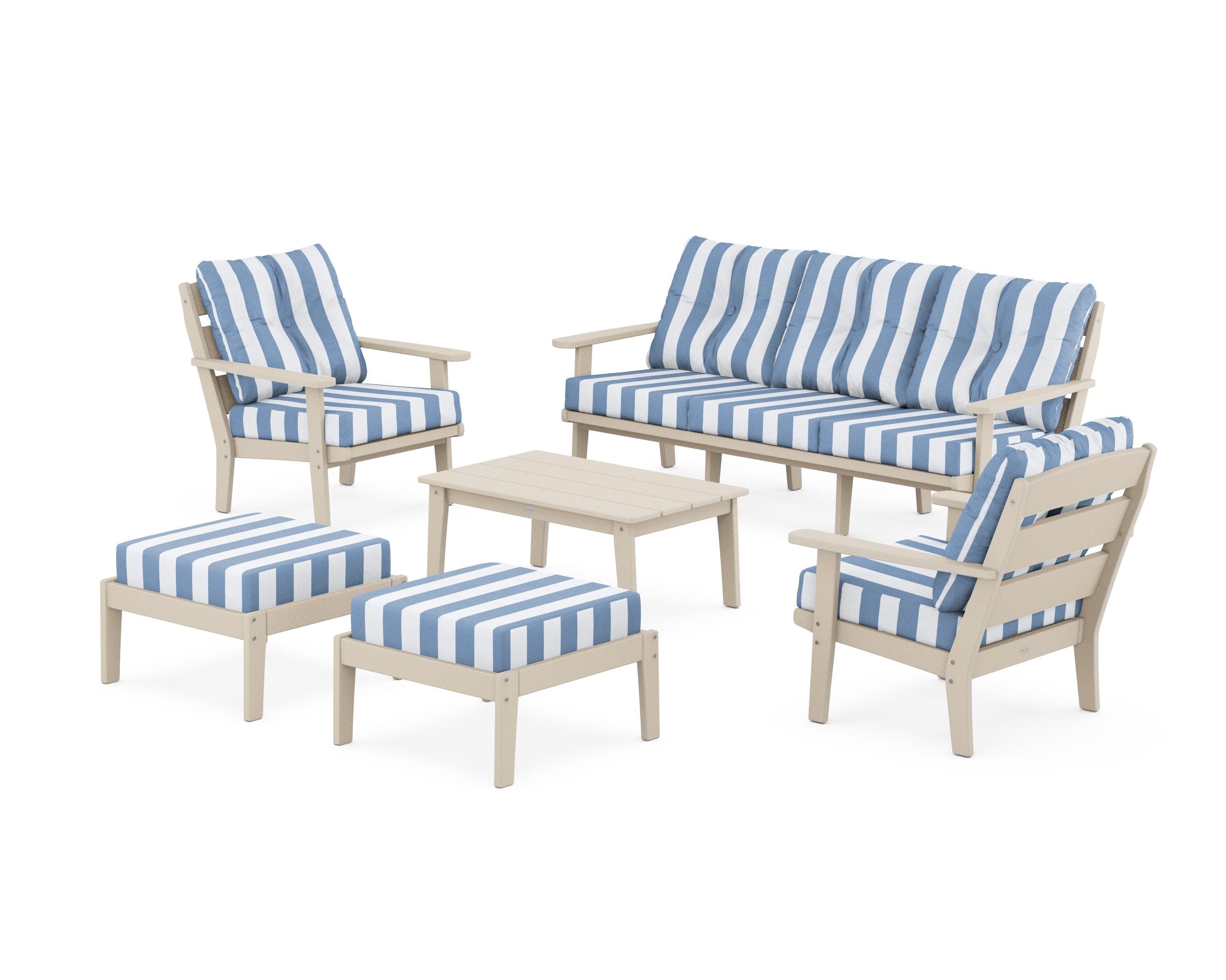 POLYWOOD® Lakeside 6-Piece Lounge Sofa Set in Sand / Cabana Stripe Sky Blue