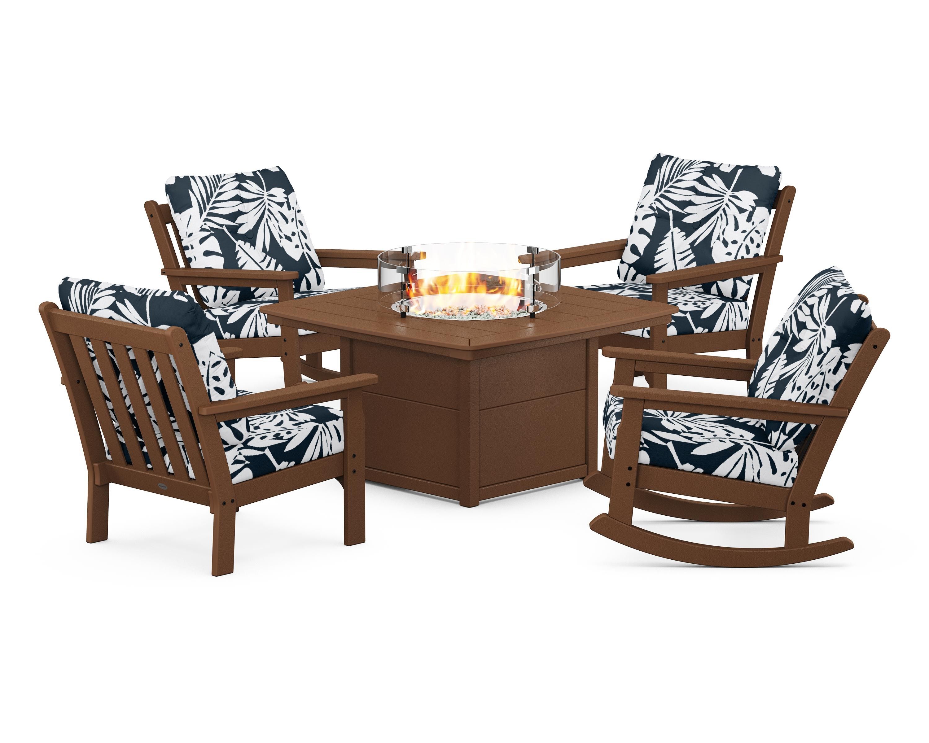 POLYWOOD® Vineyard 5-Piece Deep Seating Rocking Chair Conversation Set with Fire Pit Table in Teak / Leaf Marine Indigo