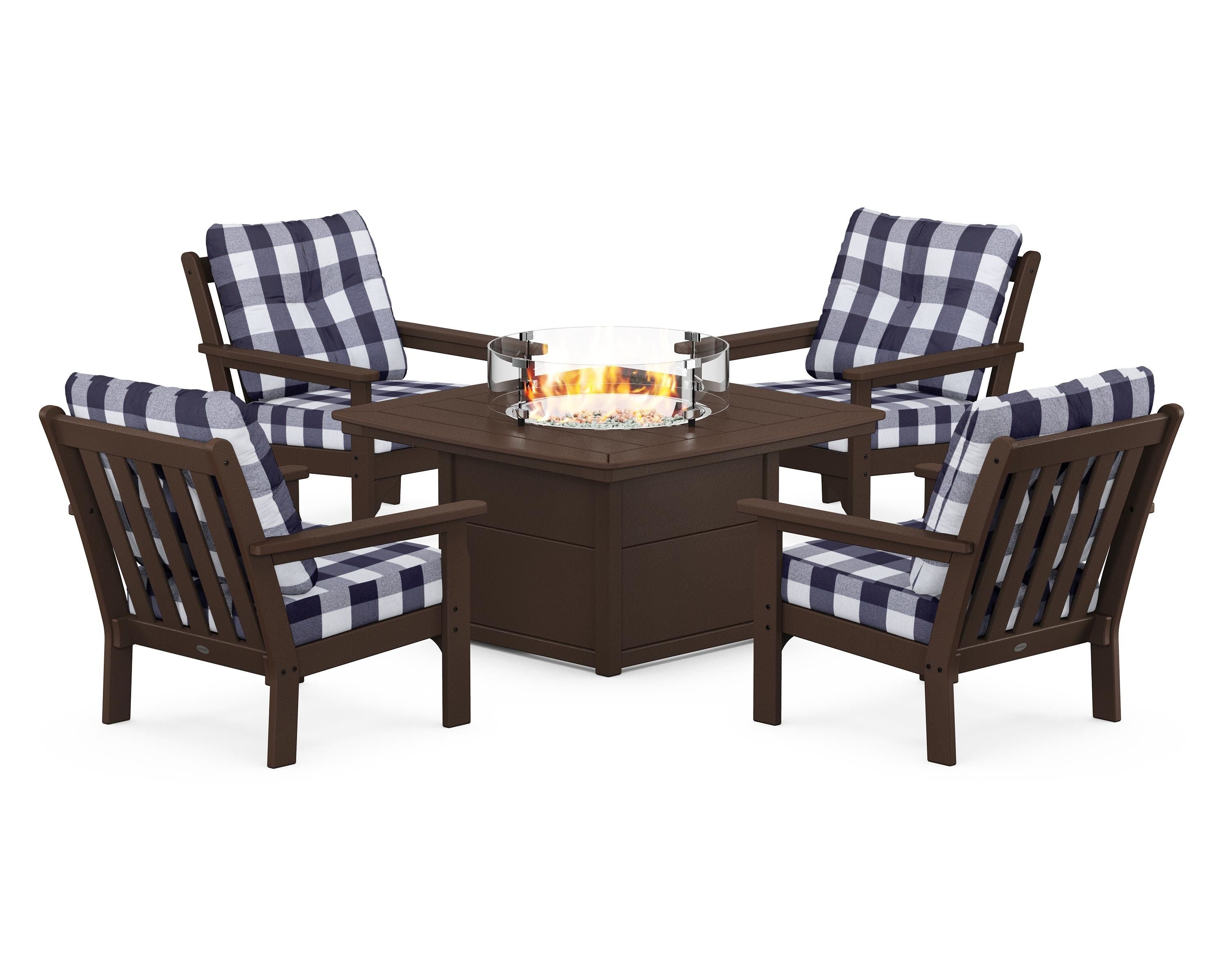 POLYWOOD® Vineyard 5-Piece Conversation Set with Fire Pit Table in Mahogany / Buffalo Plaid Navy
