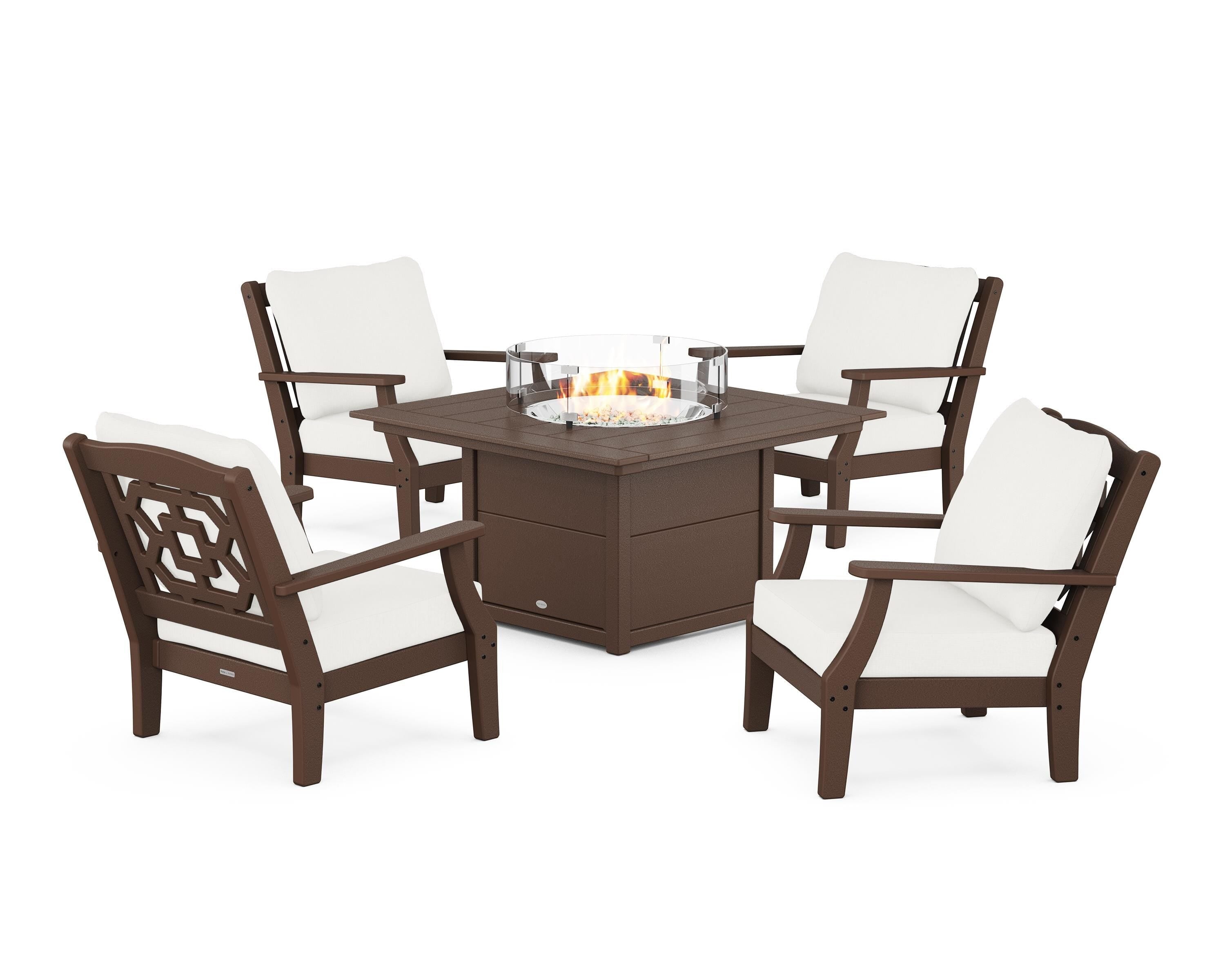 Martha Stewart by POLYWOOD® Chinoiserie 5-Piece Deep Seating Set with Fire Pit Table in Mahogany / Natural Linen