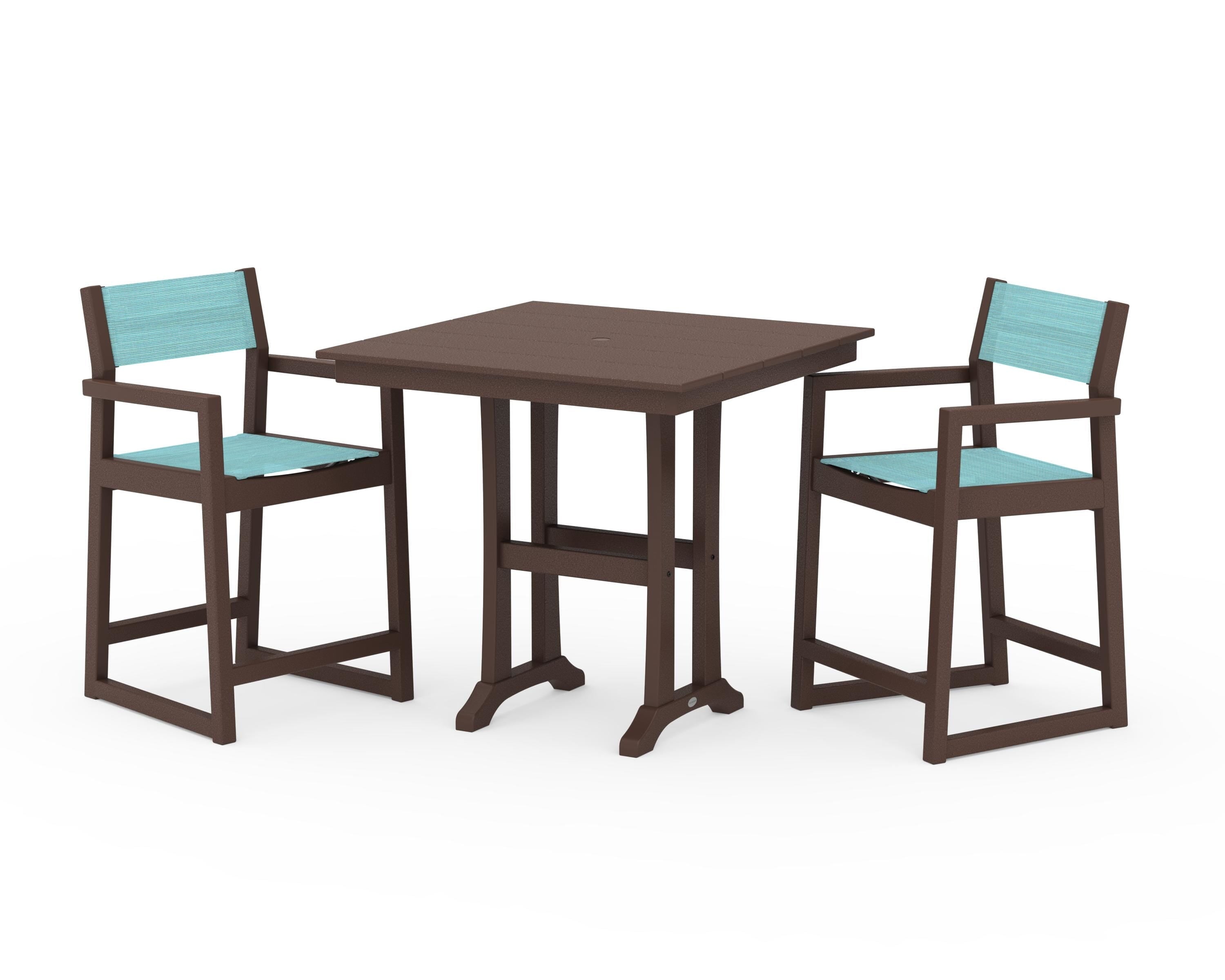 POLYWOOD® EDGE Sling Arm Chair 3-Piece Farmhouse Counter Set with Trestle Legs in Mahogany / Dupioni Aquamarine Sling