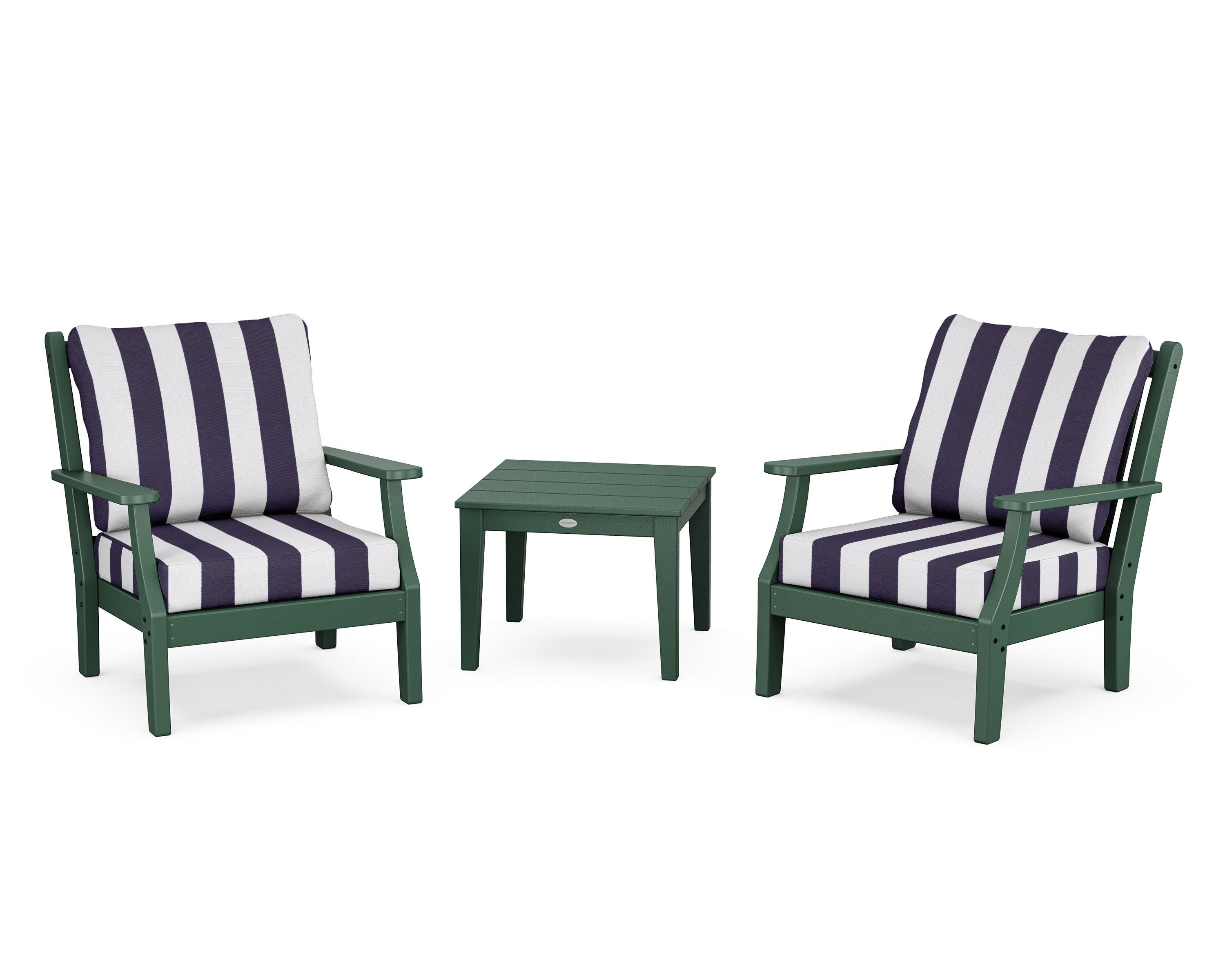 Country Living Wovendale 3-Piece Deep Seating Set in Green / Cabana Stripe Navy