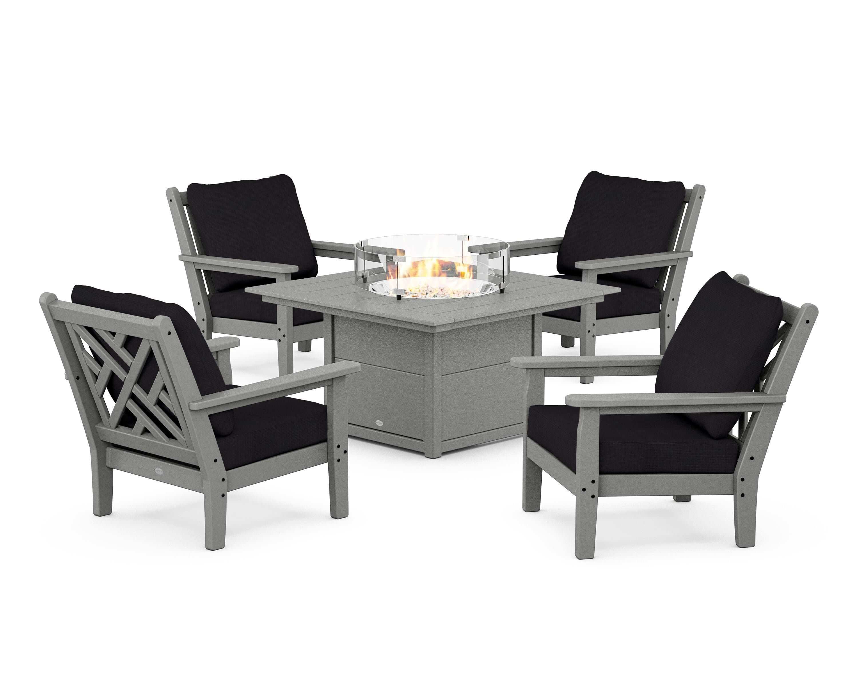 POLYWOOD® Chippendale 5-Piece Deep Seating Set with Fire Pit Table in Slate Grey / Midnight Linen