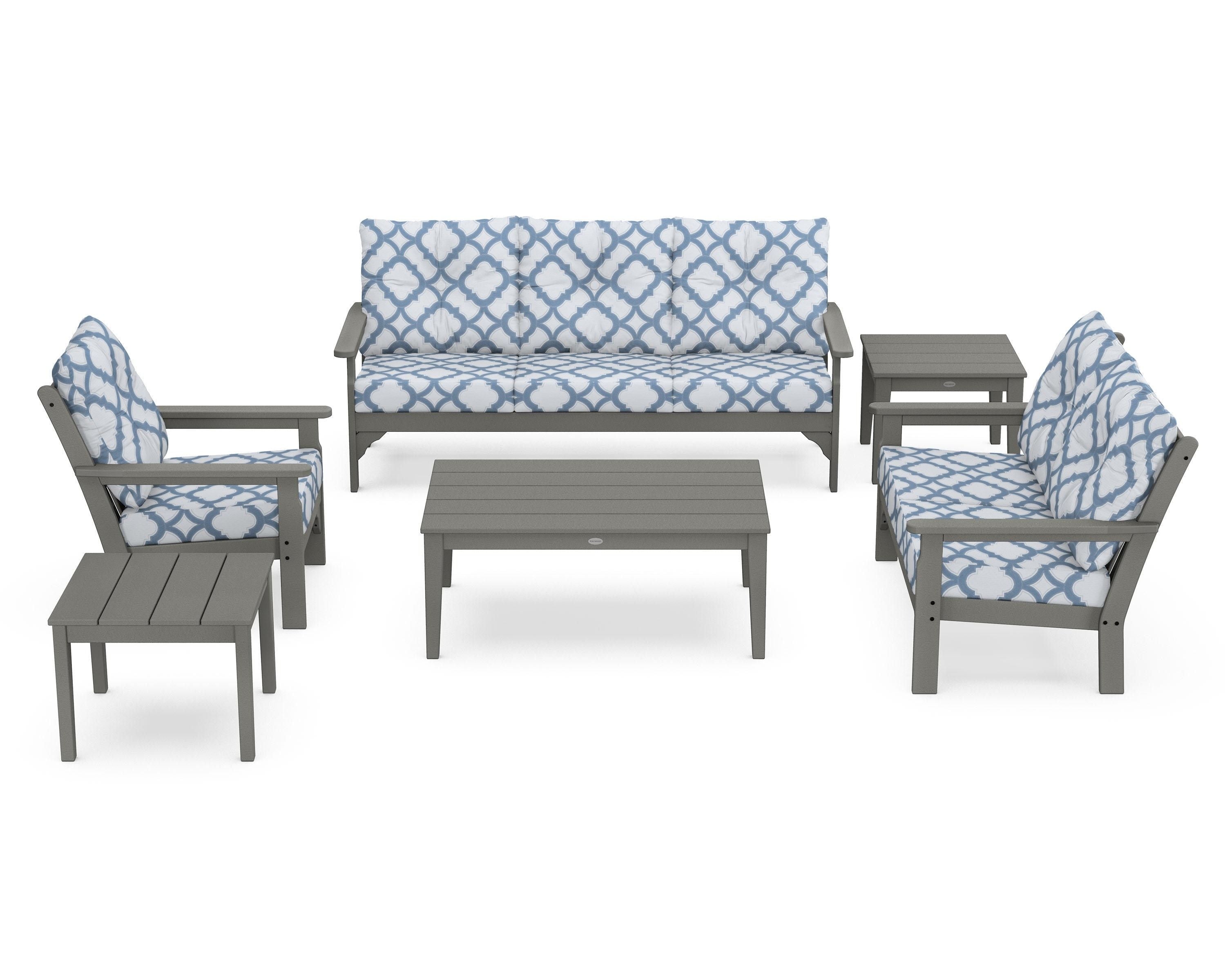 POLYWOOD® Vineyard 6-Piece Deep Seating Set in Slate Grey / Trellis Sky Blue