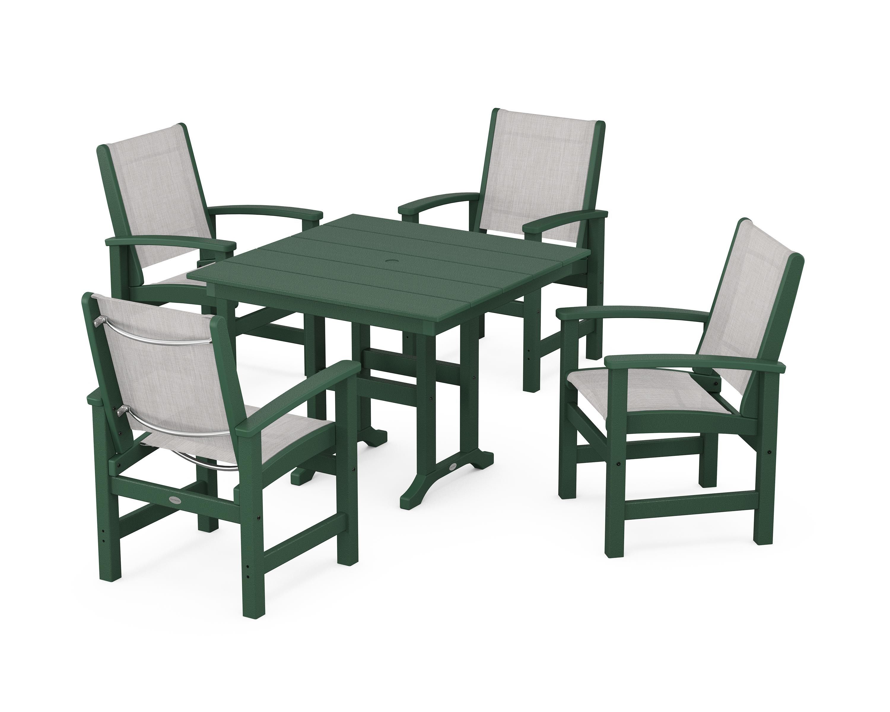 POLYWOOD® Coastal 5-Piece Farmhouse Dining Set in Green / Parchment Sling