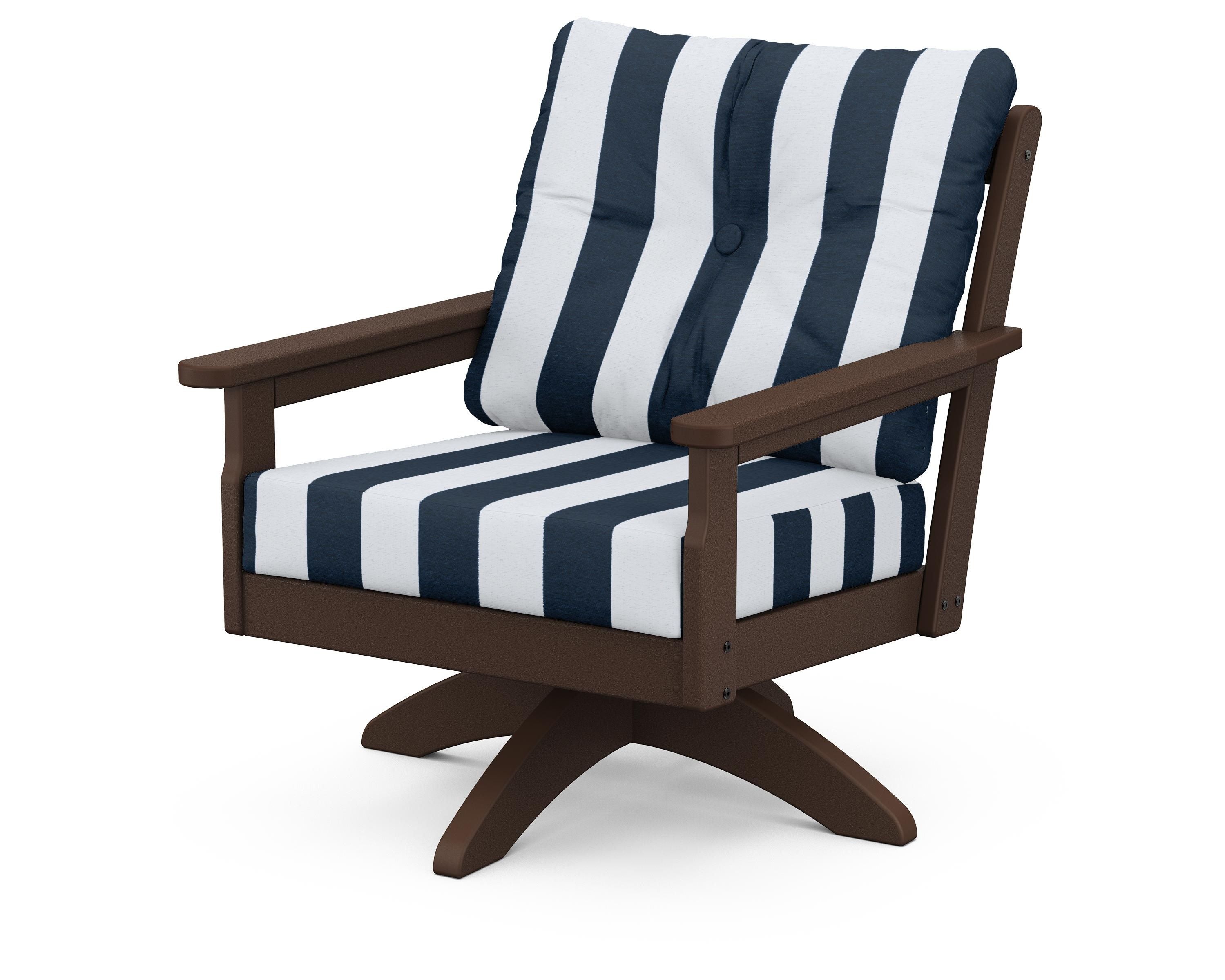 POLYWOOD® Vineyard Deep Seating Swivel Chair in Mahogany / Cabana Stripe Marine Indigo
