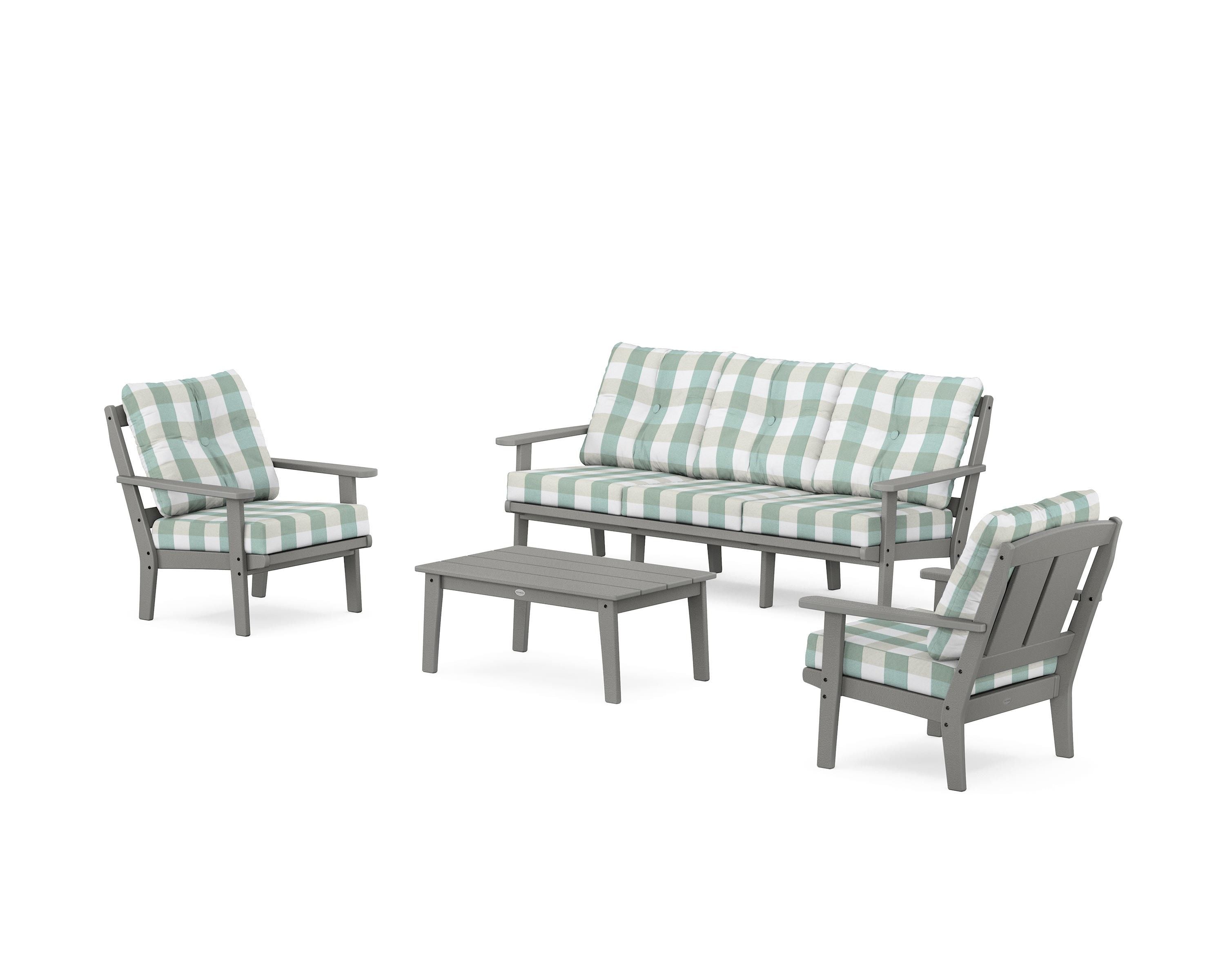POLYWOOD® Mission 4-Piece Deep Seating Set with Sofa in Slate Grey / Buffalo Plaid Glacier Spa