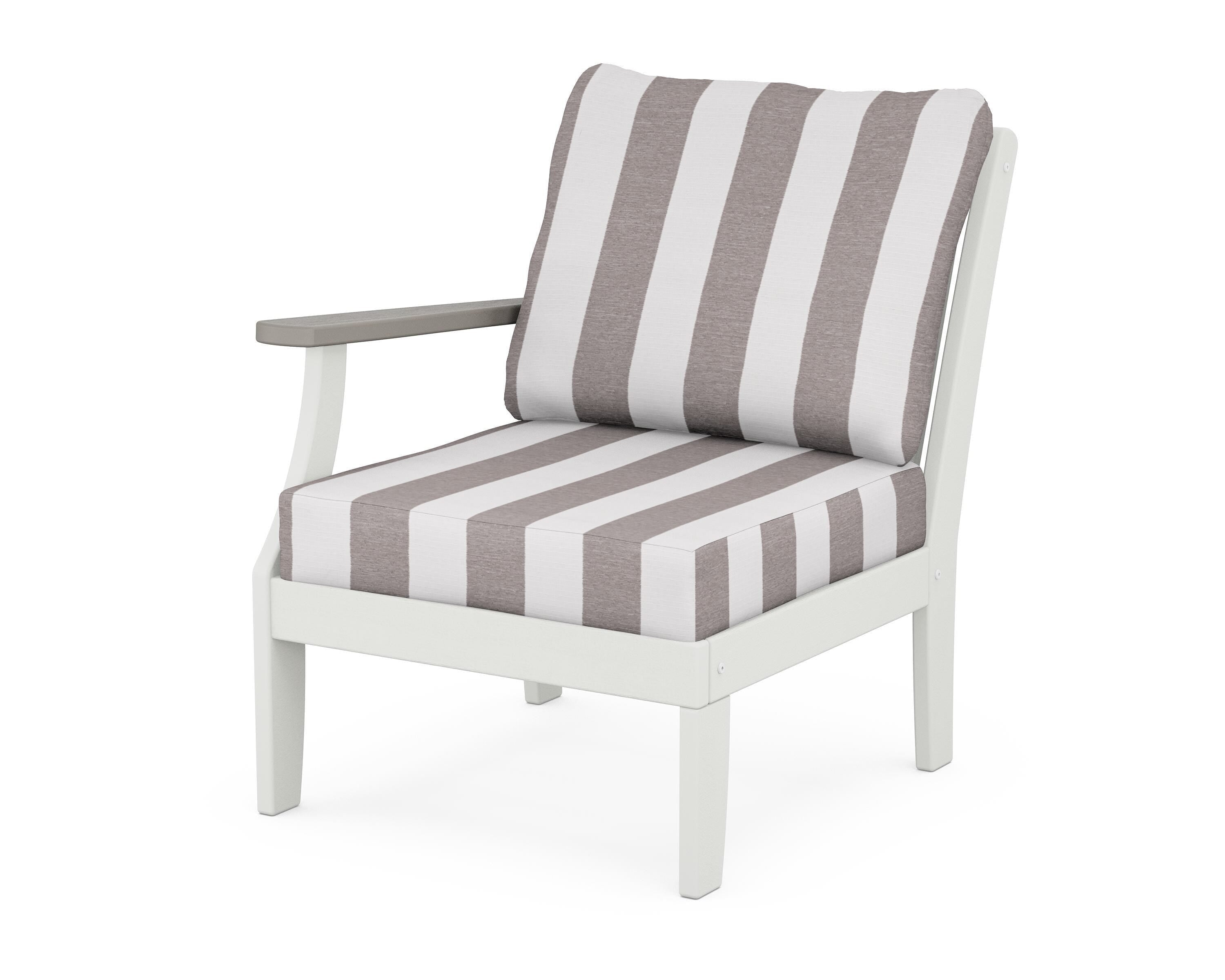 POLYWOOD® Braxton Modular Left Arm Chair in White / Driftwood / Cabana Stripe Grey Mist
