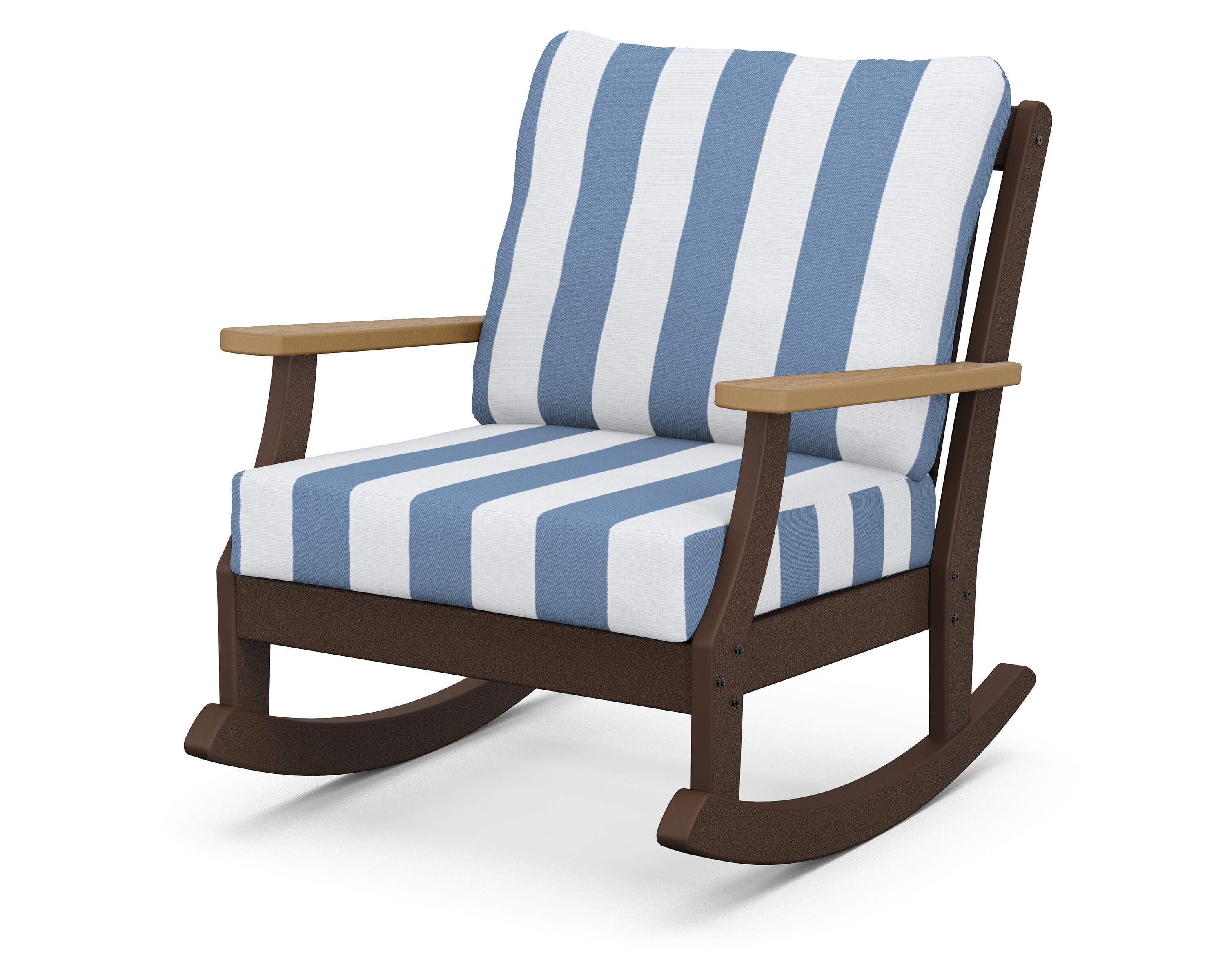 POLYWOOD® Braxton Deep Seating Rocking Chair in Mahogany / Natural / Cabana Stripe Sky Blue