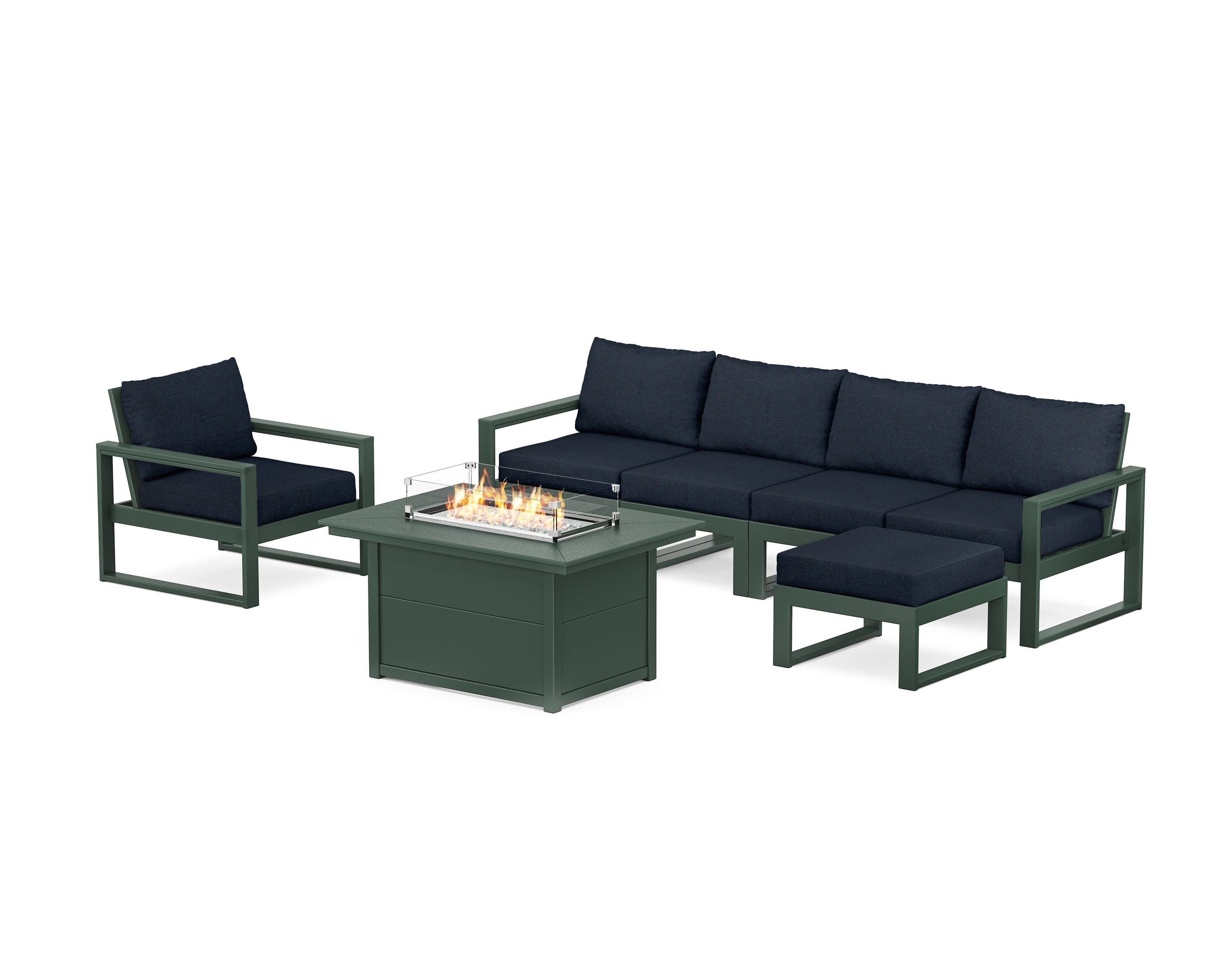 POLYWOOD® EDGE Sectional Lounge and Fire Pit Set in Green / Marine Indigo