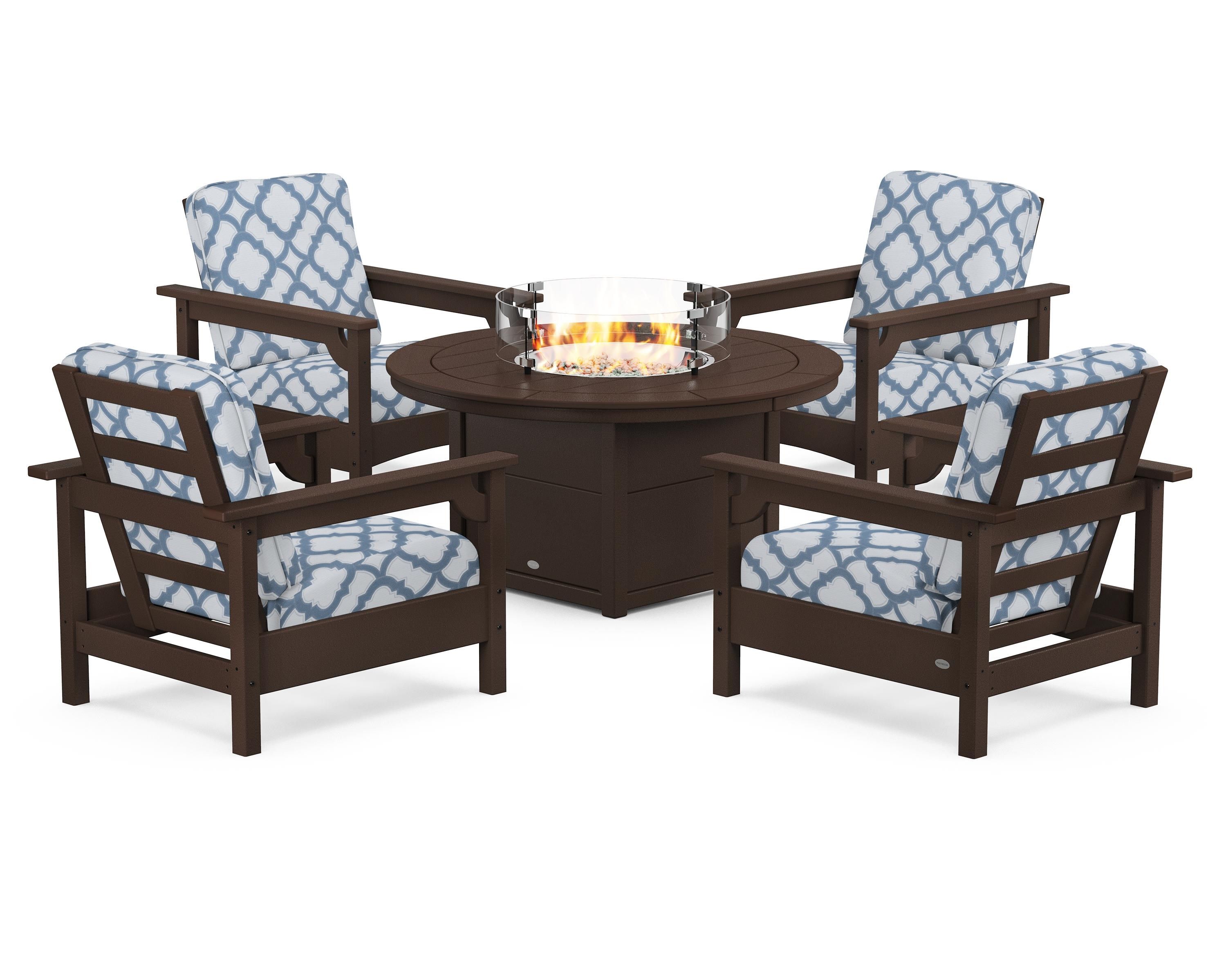 POLYWOOD® Club 5-Piece Conversation Set with Fire Pit Table in Mahogany / Trellis Sky Blue