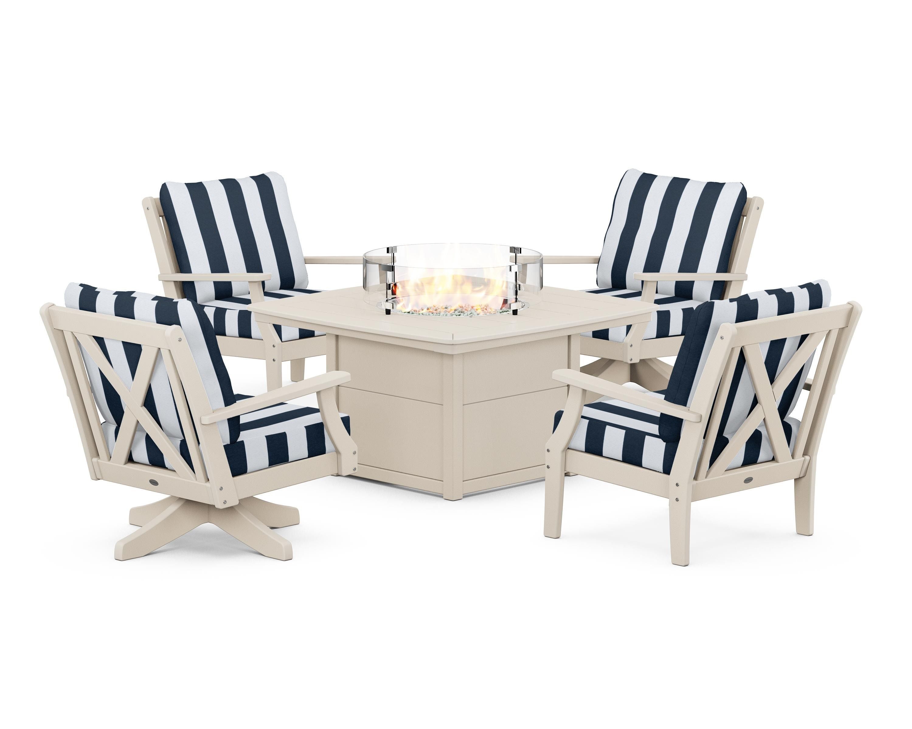 POLYWOOD® Braxton 5-Piece Deep Seating Set with Fire Table in Sand / Cabana Stripe Marine Indigo