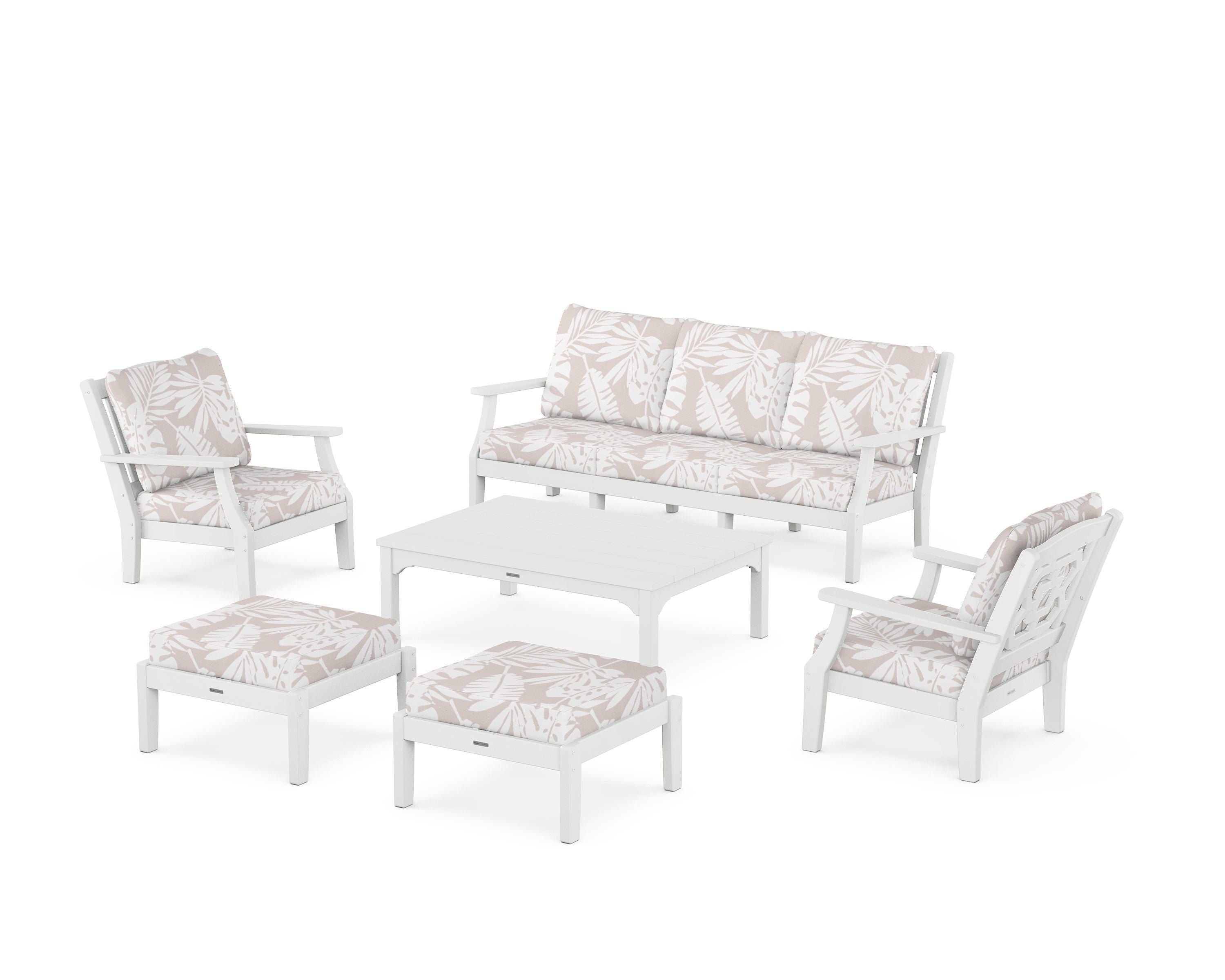 Martha Stewart by POLYWOOD® Chinoiserie 6-Piece Lounge Sofa Set in White / Leaf Dune Burlap