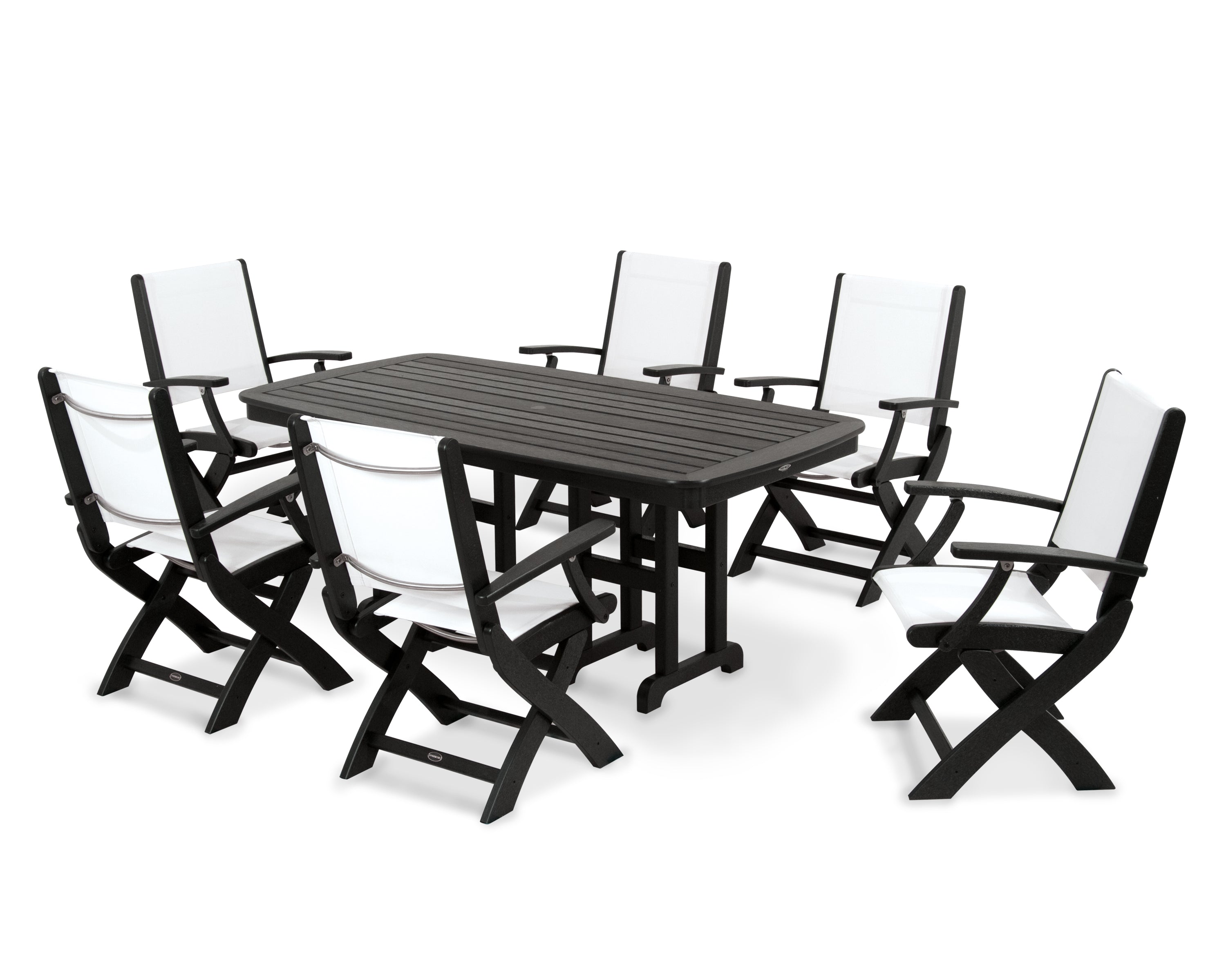 POLYWOOD® Coastal Folding Arm Chair 7-Piece Dining Set in Black / White Sling