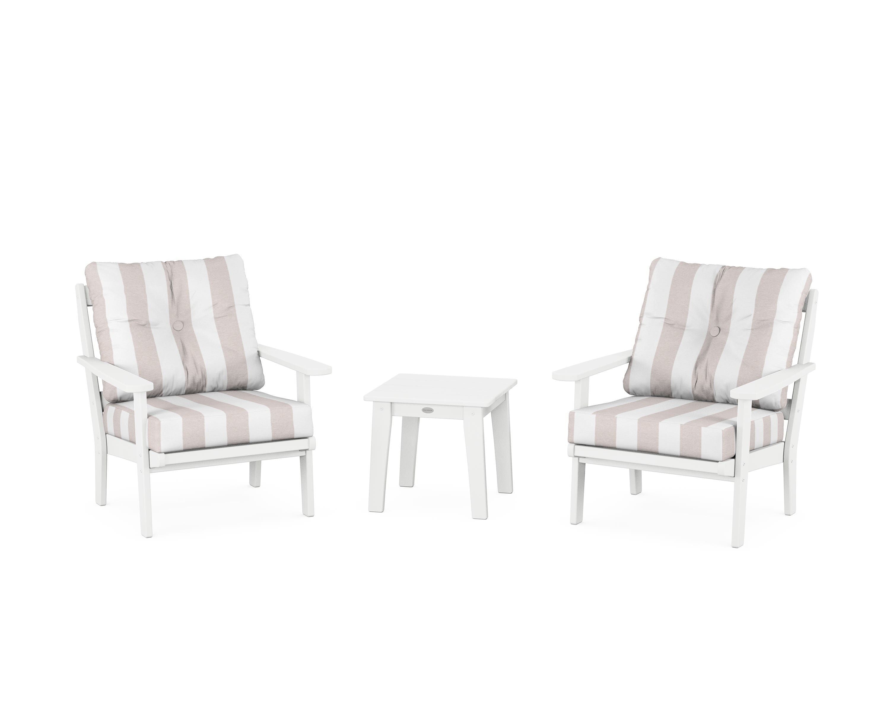 POLYWOOD® Mission 3-Piece Deep Seating Set in White / Cabana Stripe Dune Burlap