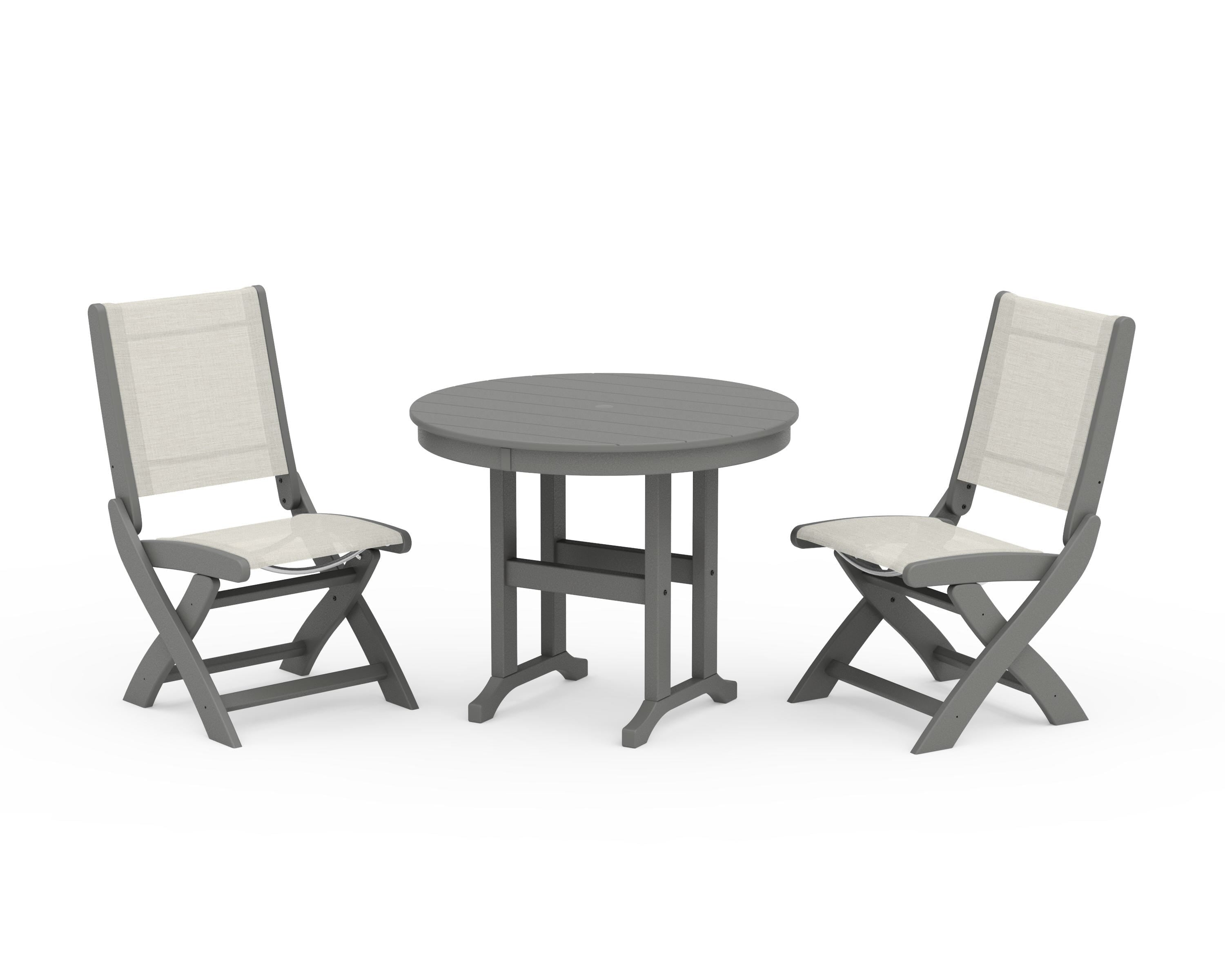 POLYWOOD® Coastal Folding Side Chair 3-Piece Round Dining Set in Slate Grey / Parchment Sling
