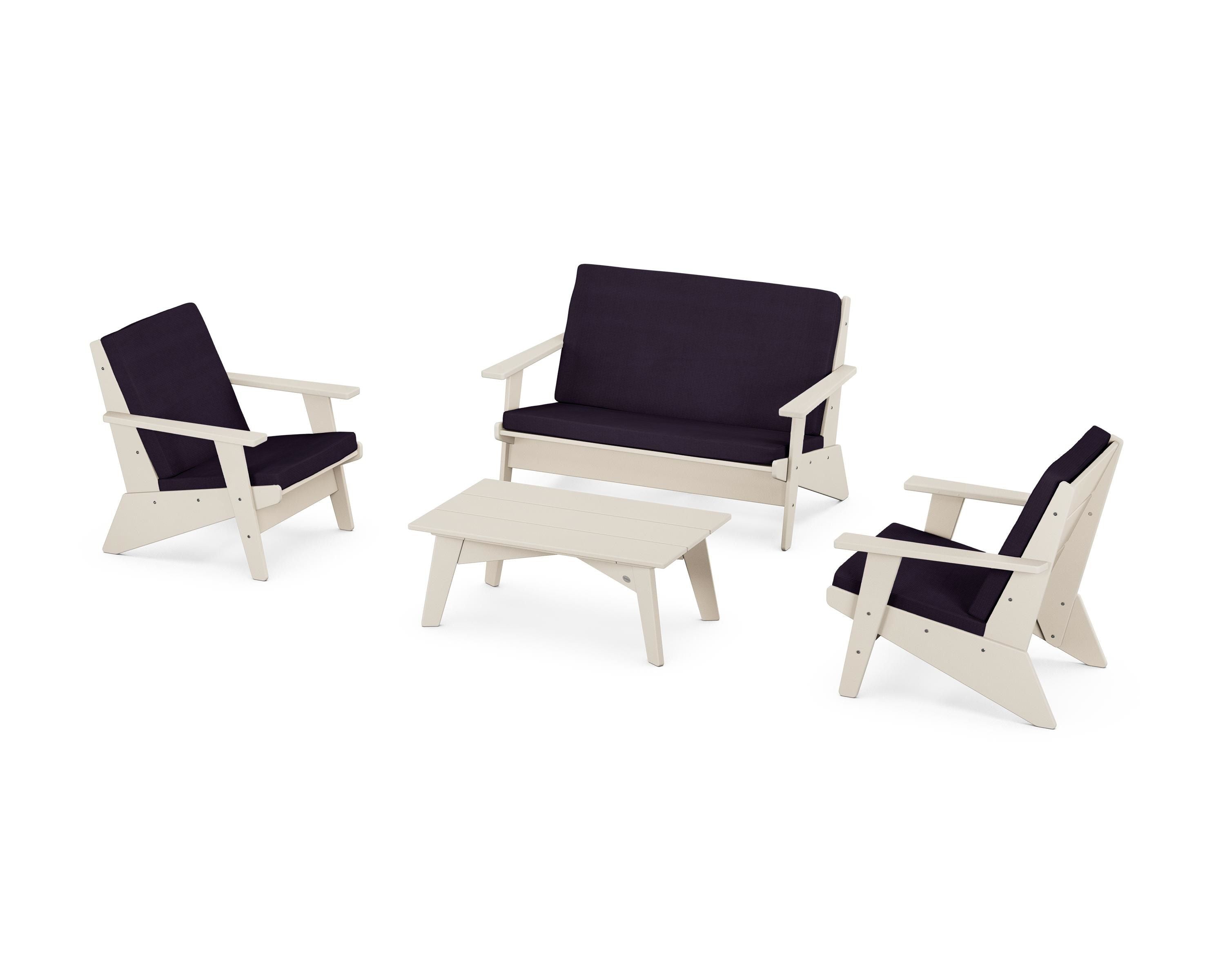 POLYWOOD® Riviera Modern Lounge 4-Piece Set in Sand / Navy Linen