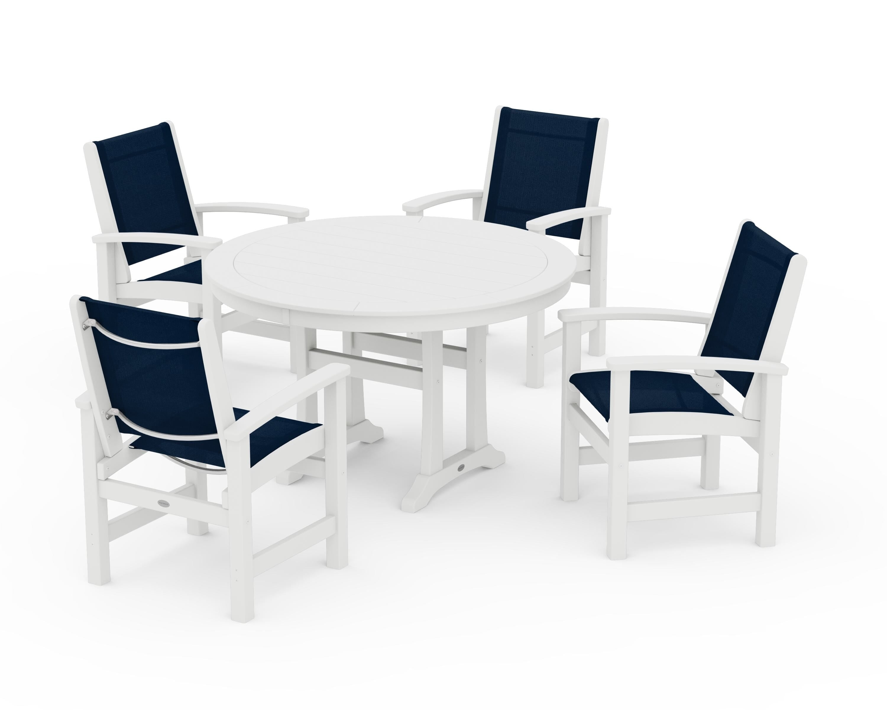 POLYWOOD® Coastal 5-Piece Round Dining Set with Trestle Legs in White / Navy Blue Sling