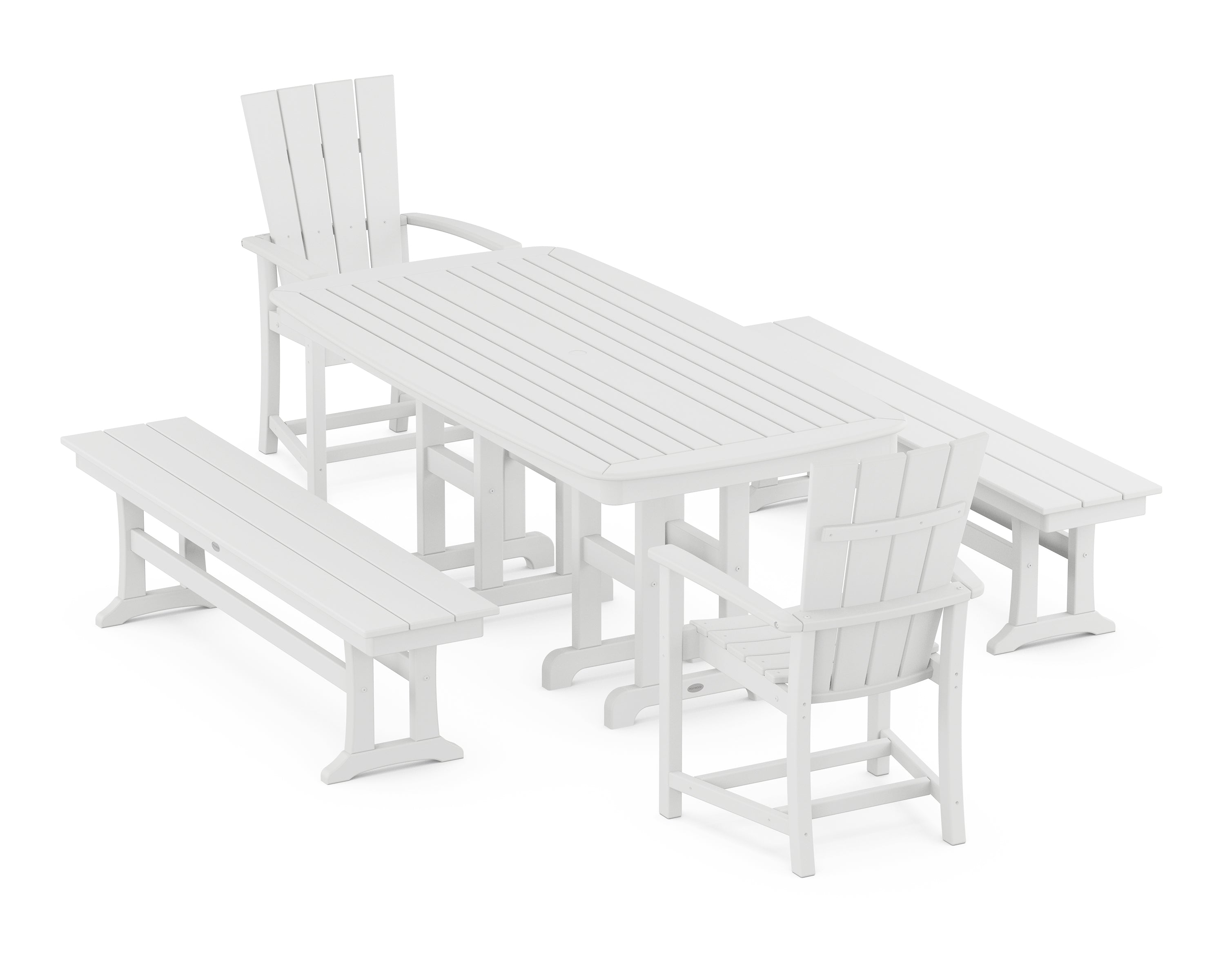 POLYWOOD® Quattro 5-Piece Farmhouse Dining Set with Benches in White