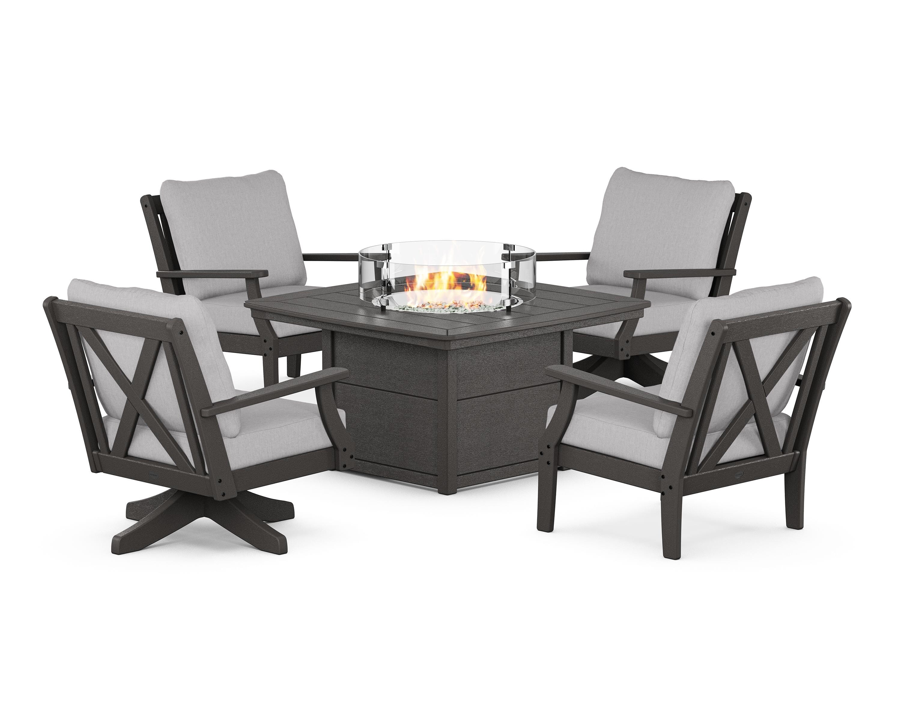 POLYWOOD® Braxton 5-Piece Deep Seating Set with Fire Table in Vintage Coffee / Granite