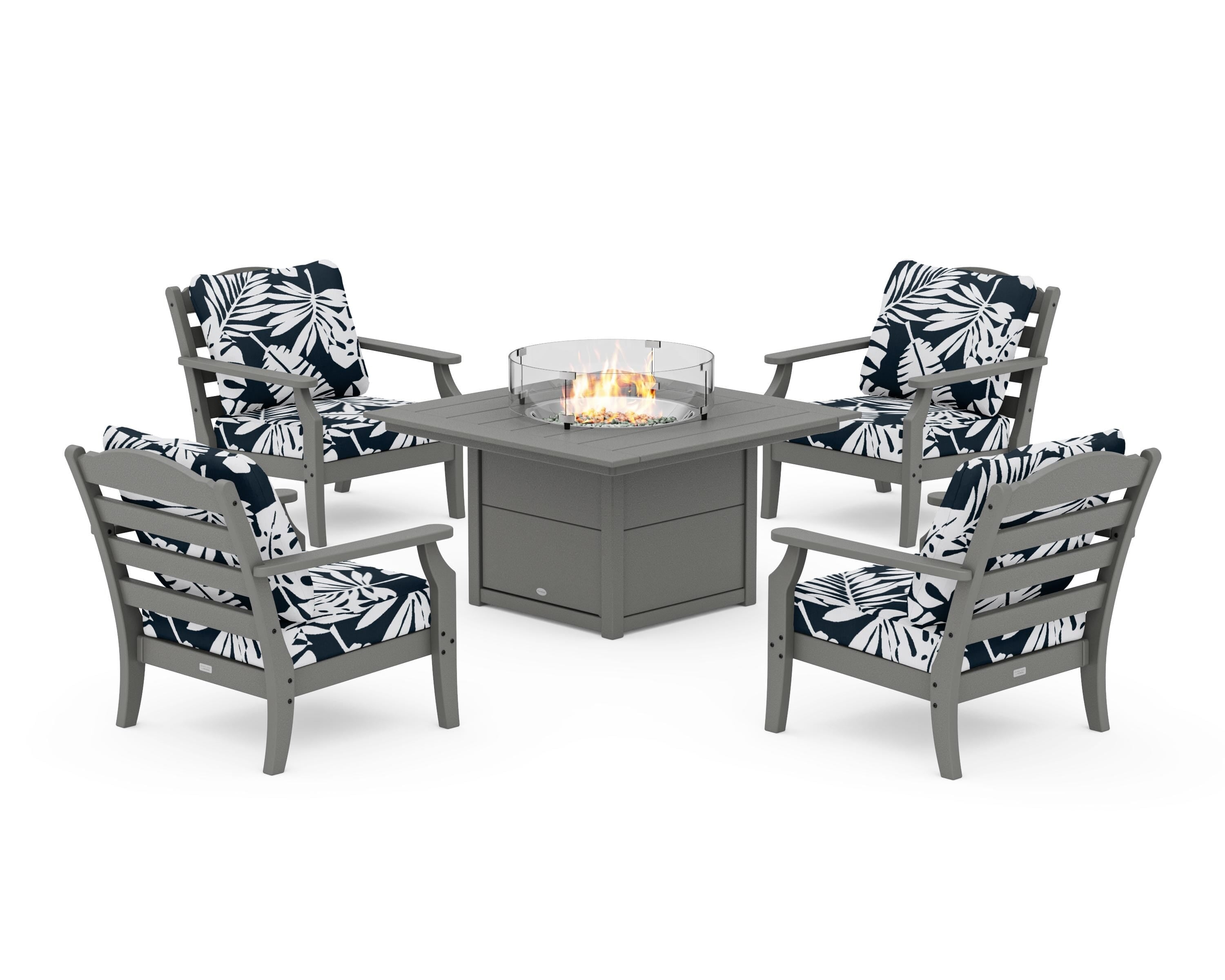 Draper James™ by POLYWOOD® Savannah 5-Piece Deep Seating Set with Fire Pit Table in Slate Grey / Leaf Marine Indigo