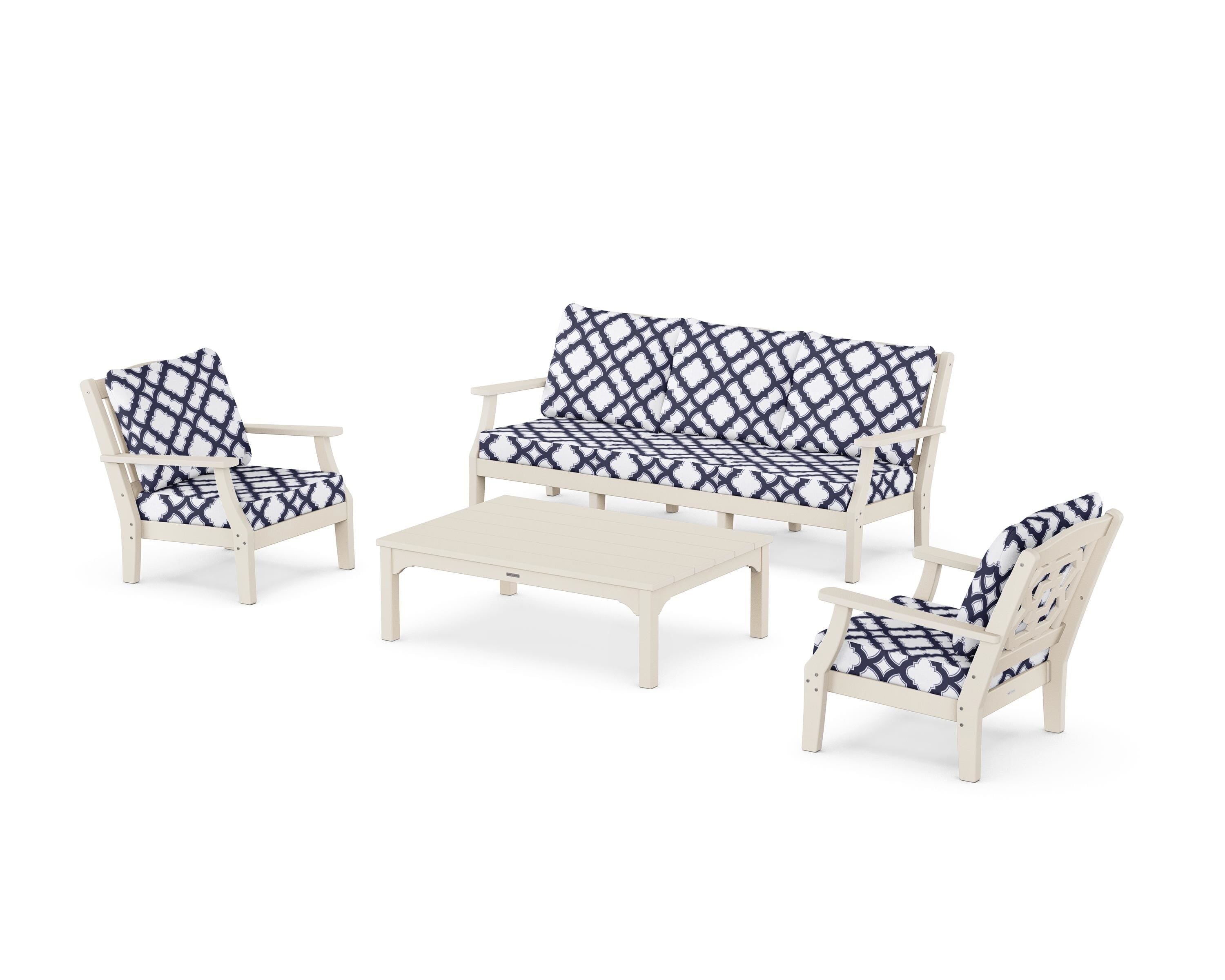Martha Stewart by POLYWOOD® Chinoiserie 4-Piece Deep Seating Set with Sofa in Sand / Trellis Navy