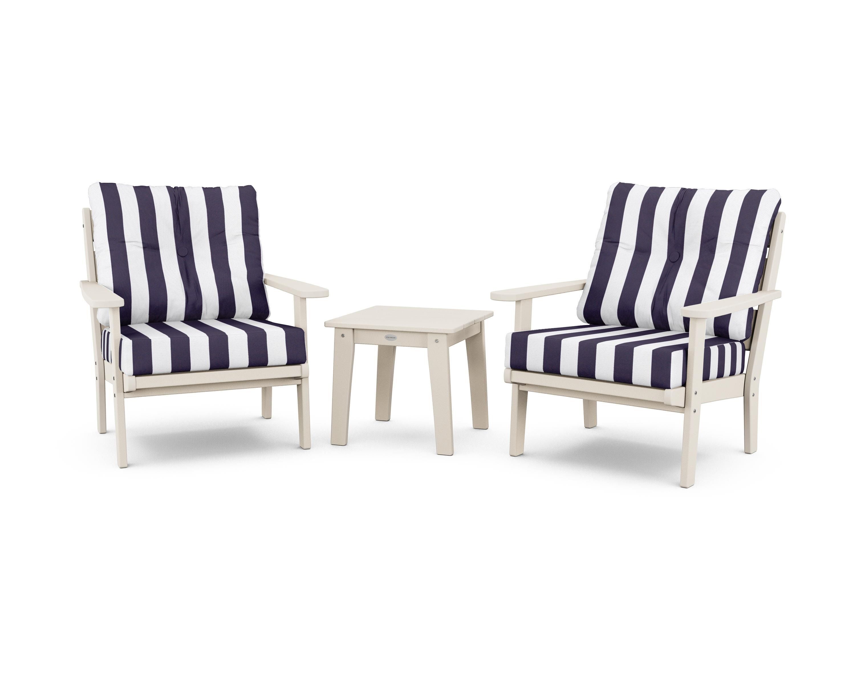 POLYWOOD® Lakeside 3-Piece Deep Seating Chair Set in Sand / Cabana Stripe Navy