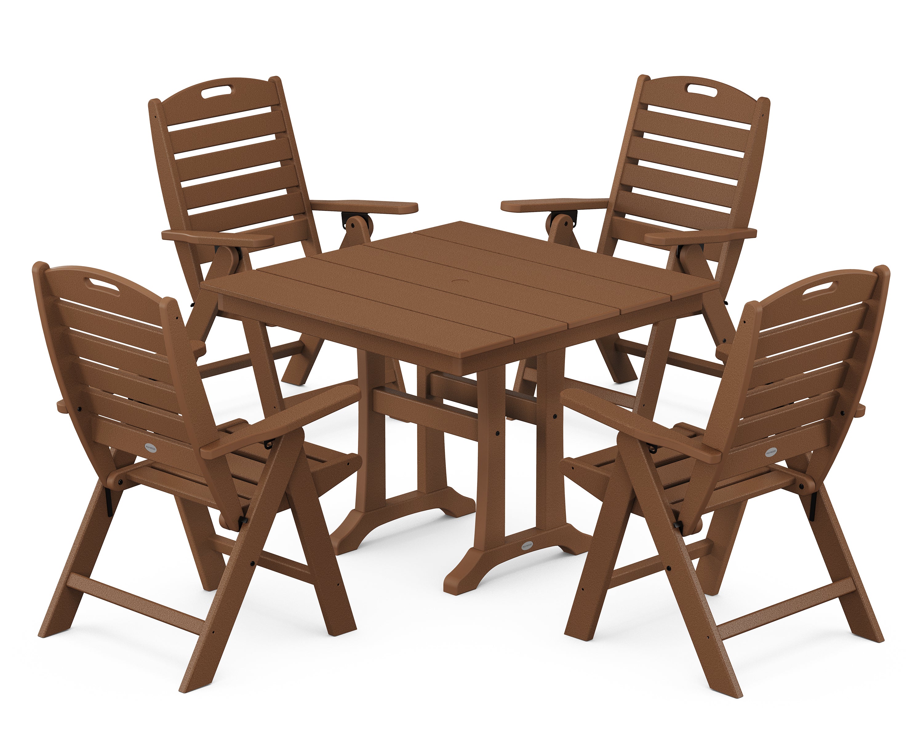 POLYWOOD® Nautical Folding Highback Chair 5-Piece Farmhouse Trestle Dining Set in Teak