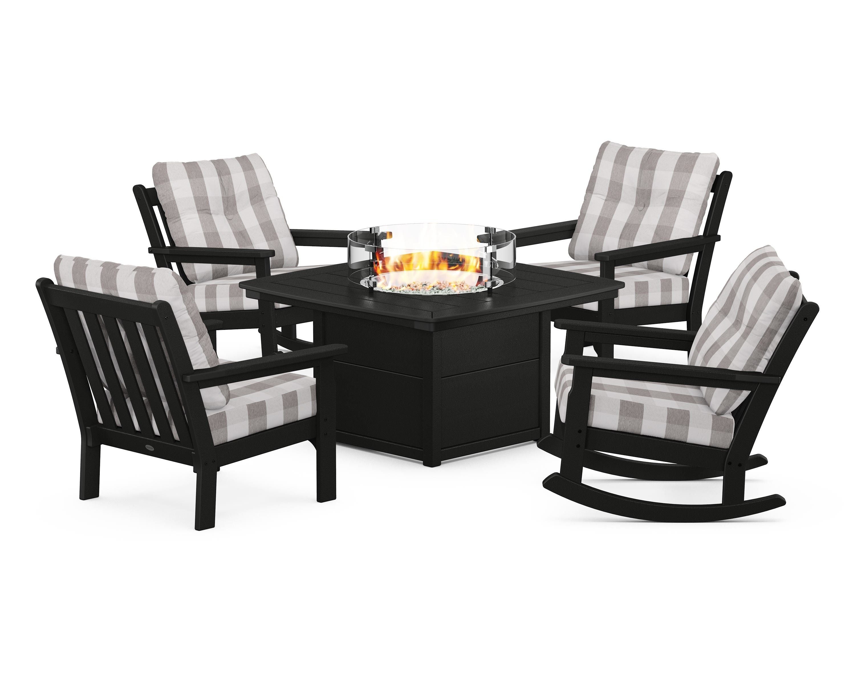 POLYWOOD® Vineyard 5-Piece Deep Seating Rocking Chair Conversation Set with Fire Pit Table in Black / Buffalo Plaid Grey Mist
