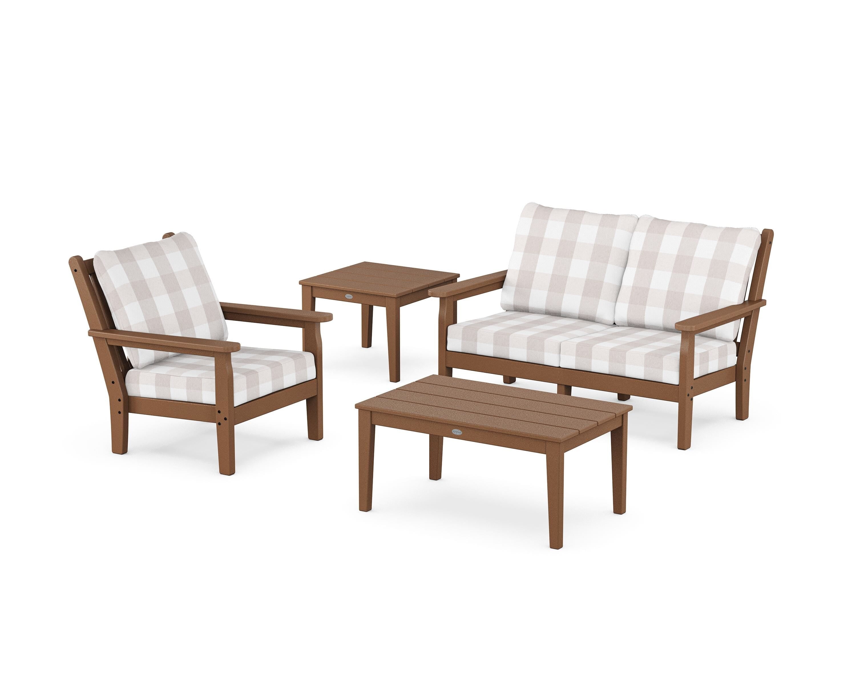 POLYWOOD® Chippendale 4-Piece Deep Seating Set in Teak / Buffalo Plaid Dune Burlap
